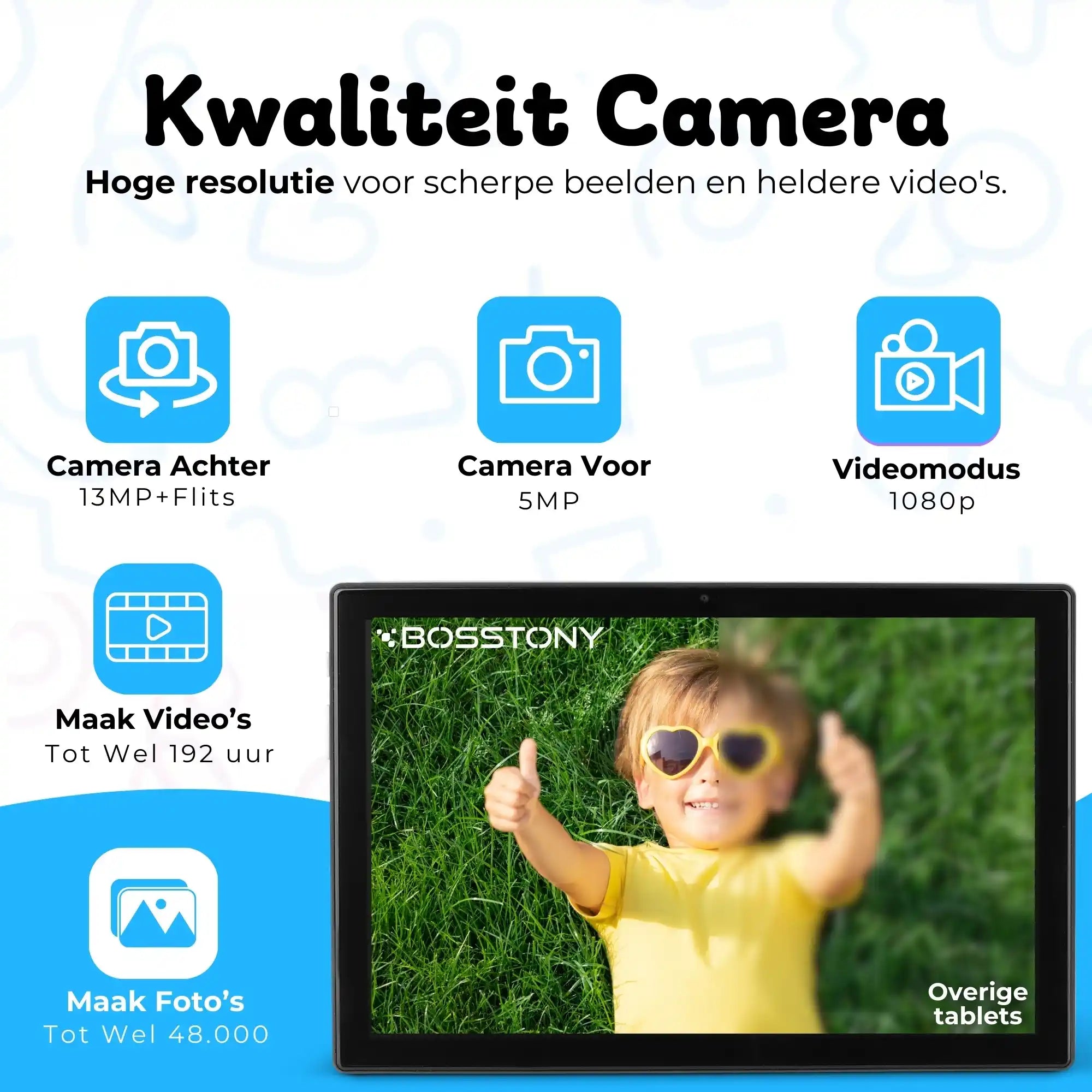 Bosstony kids tablet lichtblauw camera 13mp 1080p fullhd videos