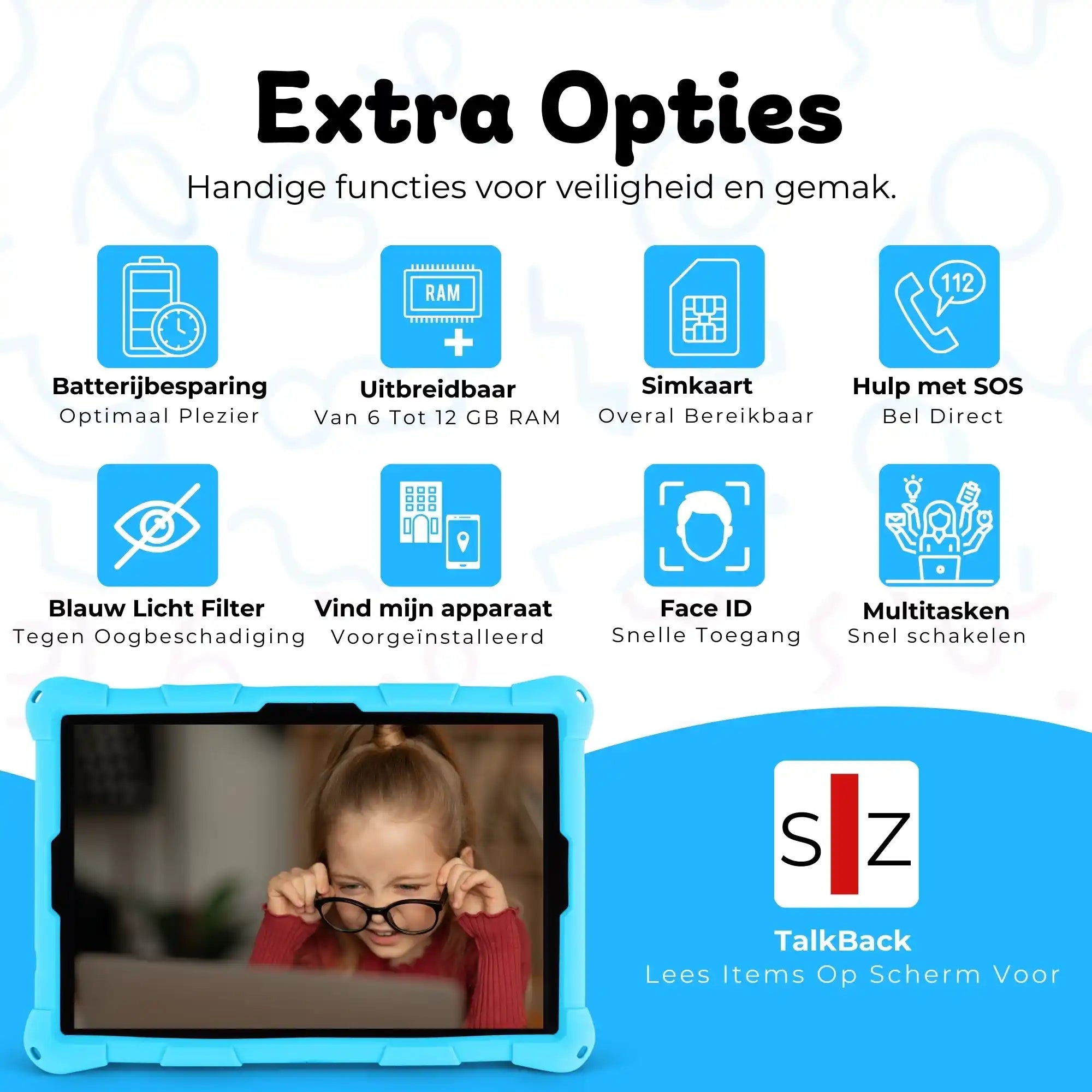 Bosstony kids tablet lichtblauw extra opties simkaart gps faceid multitasken