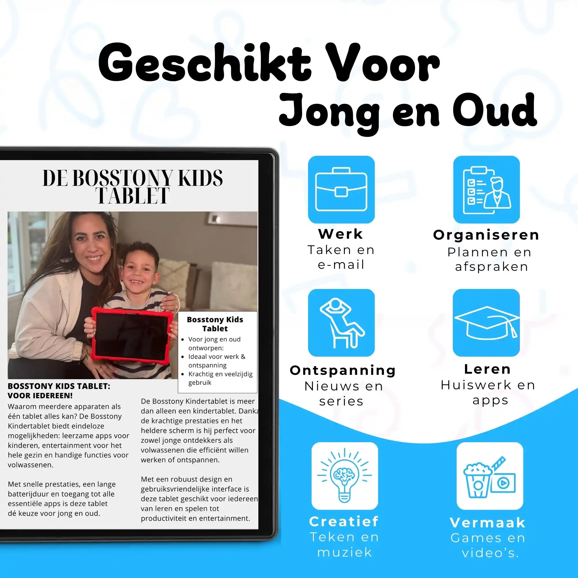Bosstony kids tablet lichtblauw geschikt jong oud werk leren vermaak