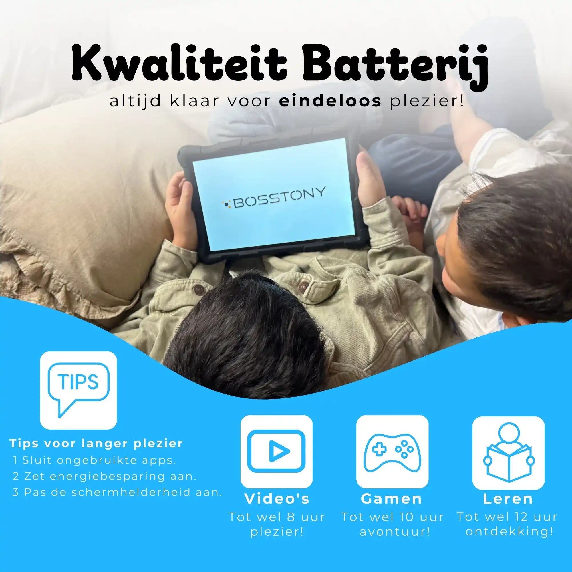 Bosstony kids tablet lichtblauw kwaliteit batterij videos gamen ontdekken