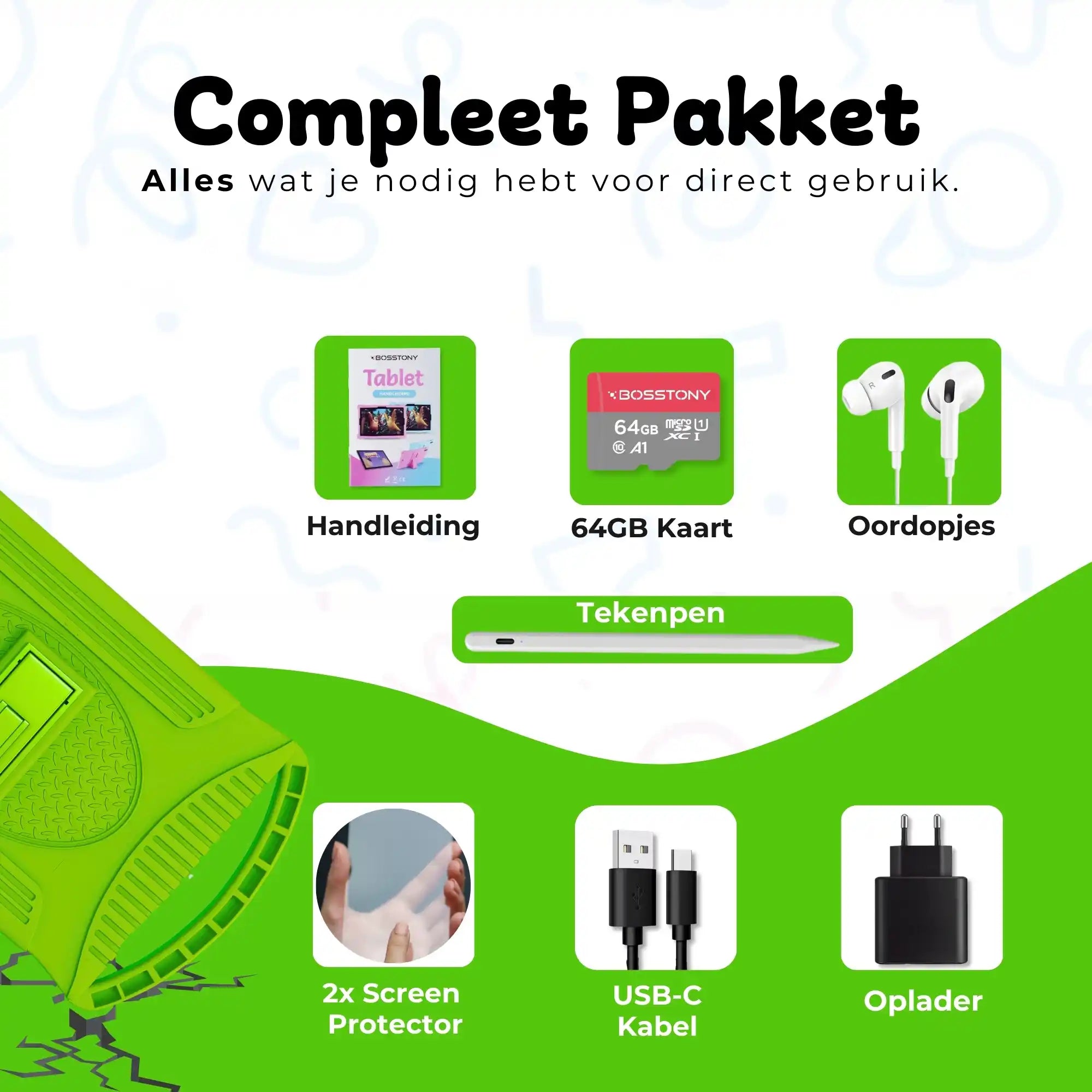 Bosstony kids tablet lichtgroen handleiding oordopjes 2 screenprotectors usb c lader