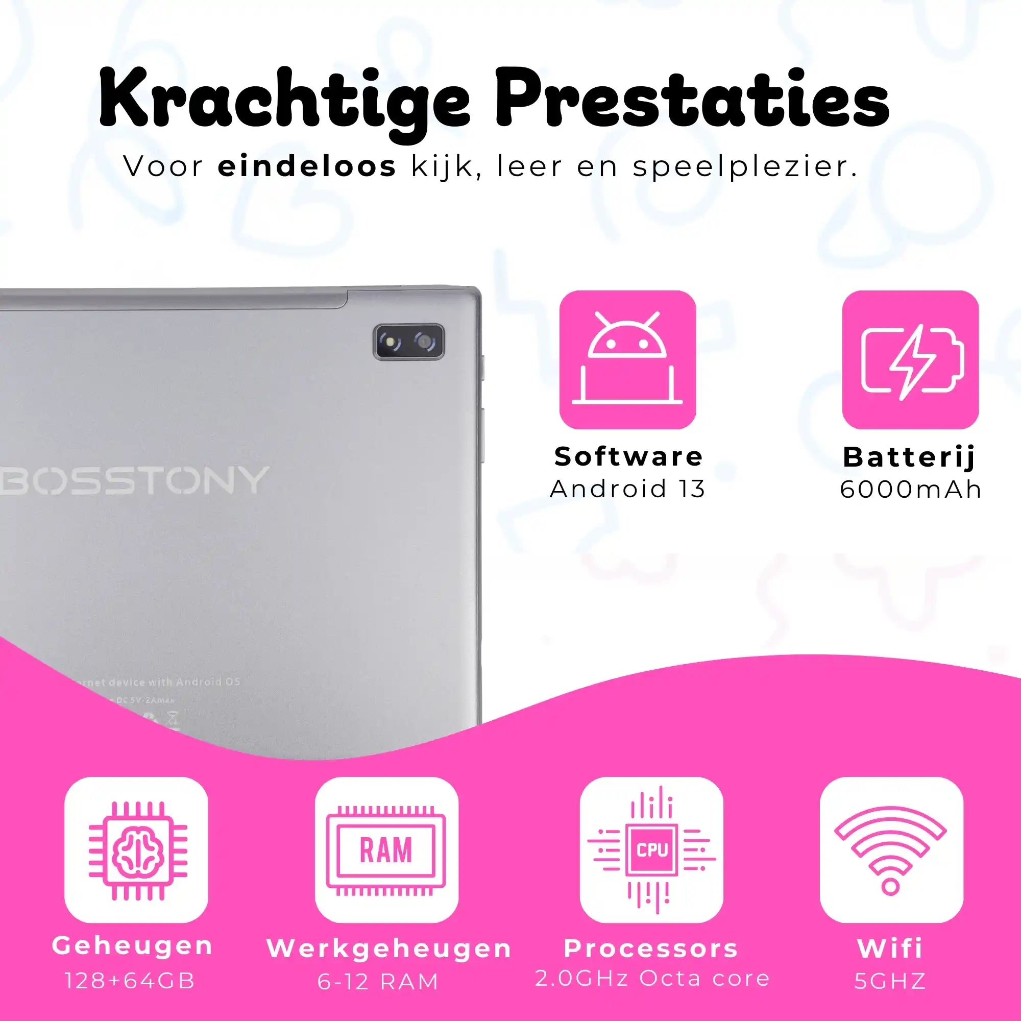 Bosstony kids tablet neonroze krachtige prestaties android 13 octacore 6gb 12gb ram 2ghz 128gb
