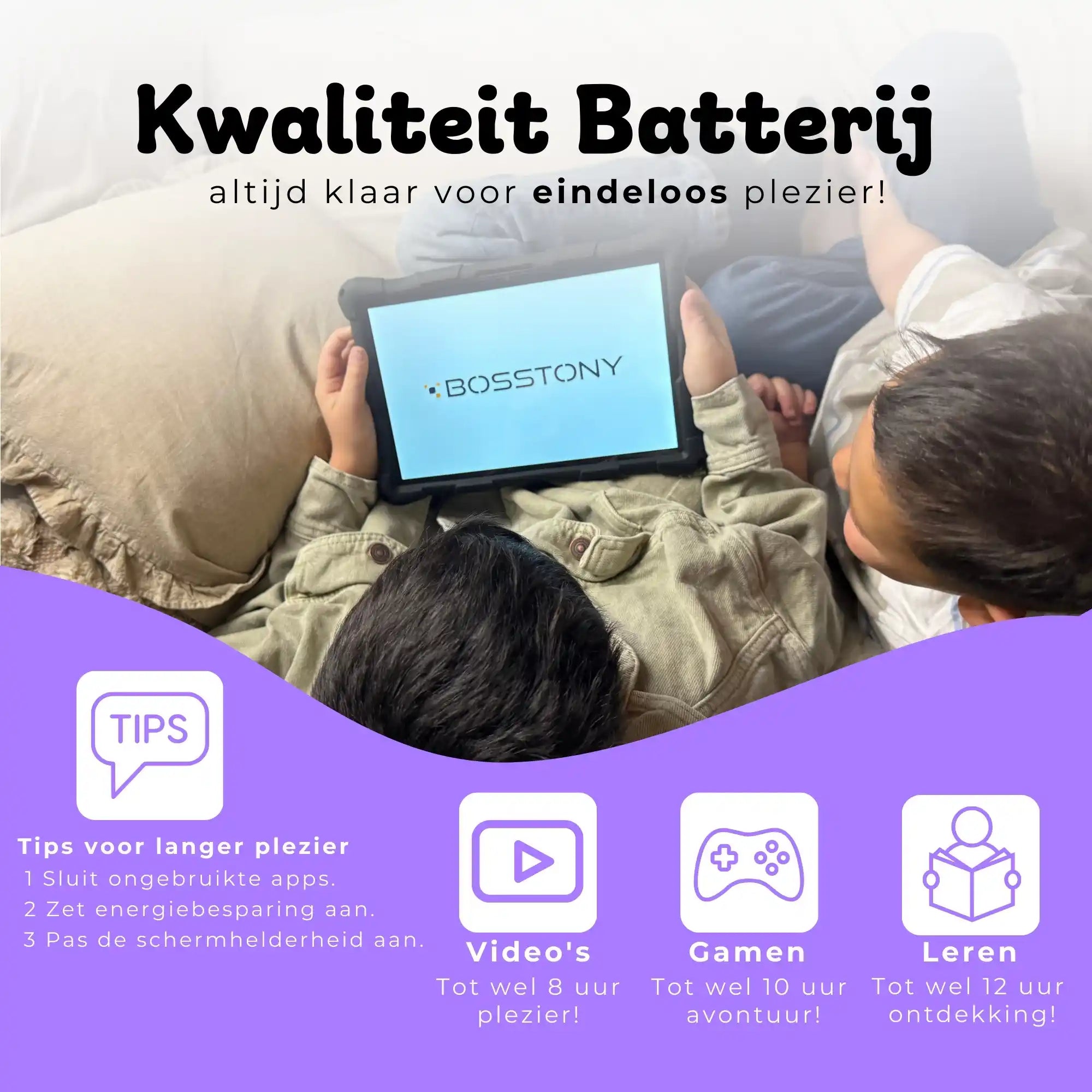 Bosstony kids tablet paars kwaliteit batterij videos gamen ontdekken