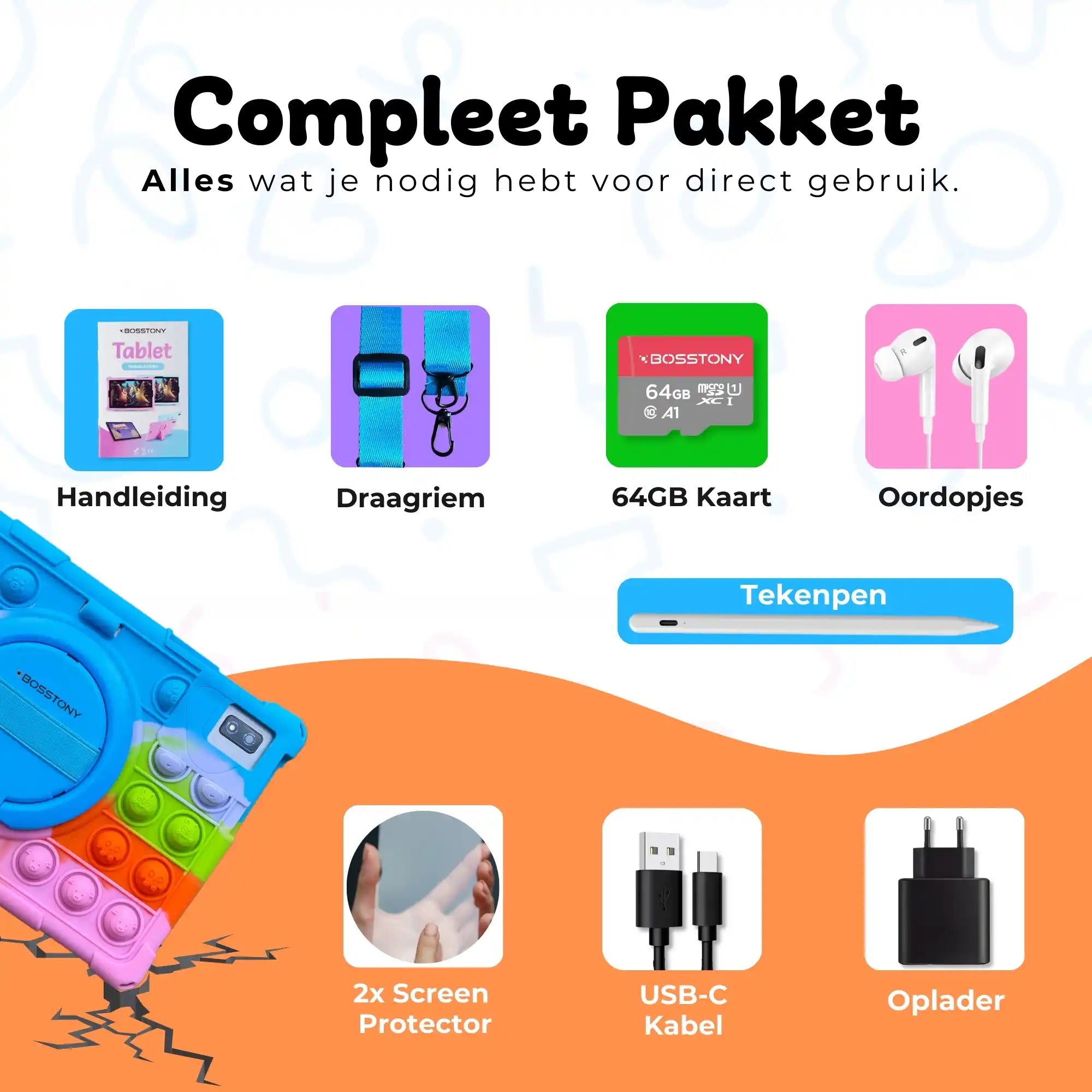 Bosstony kids tablet roze handleiding oordopjes 2 screenprotectors usb c lader