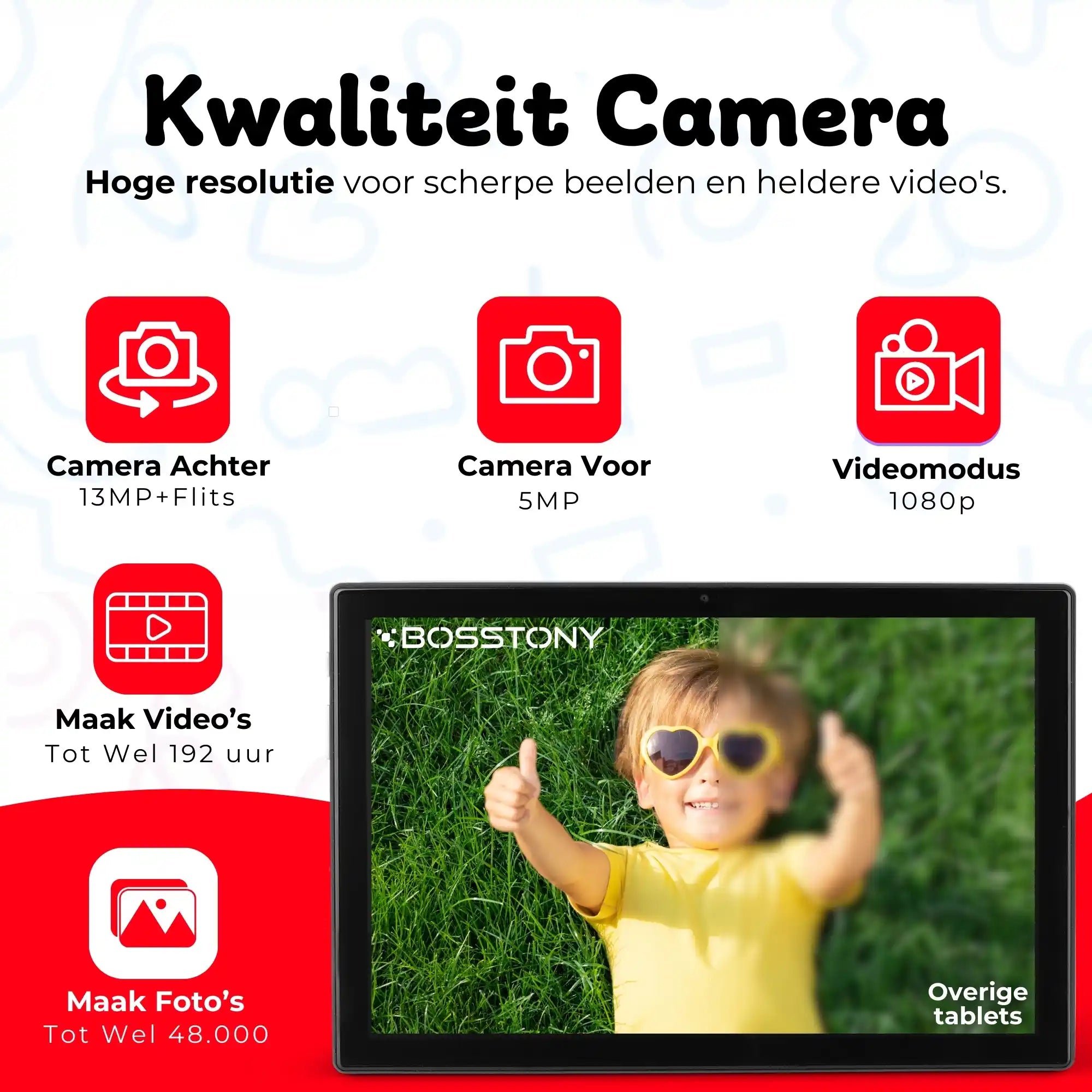 Bosstony kids tablet rood camera 13mp 1080p fullhd videos
