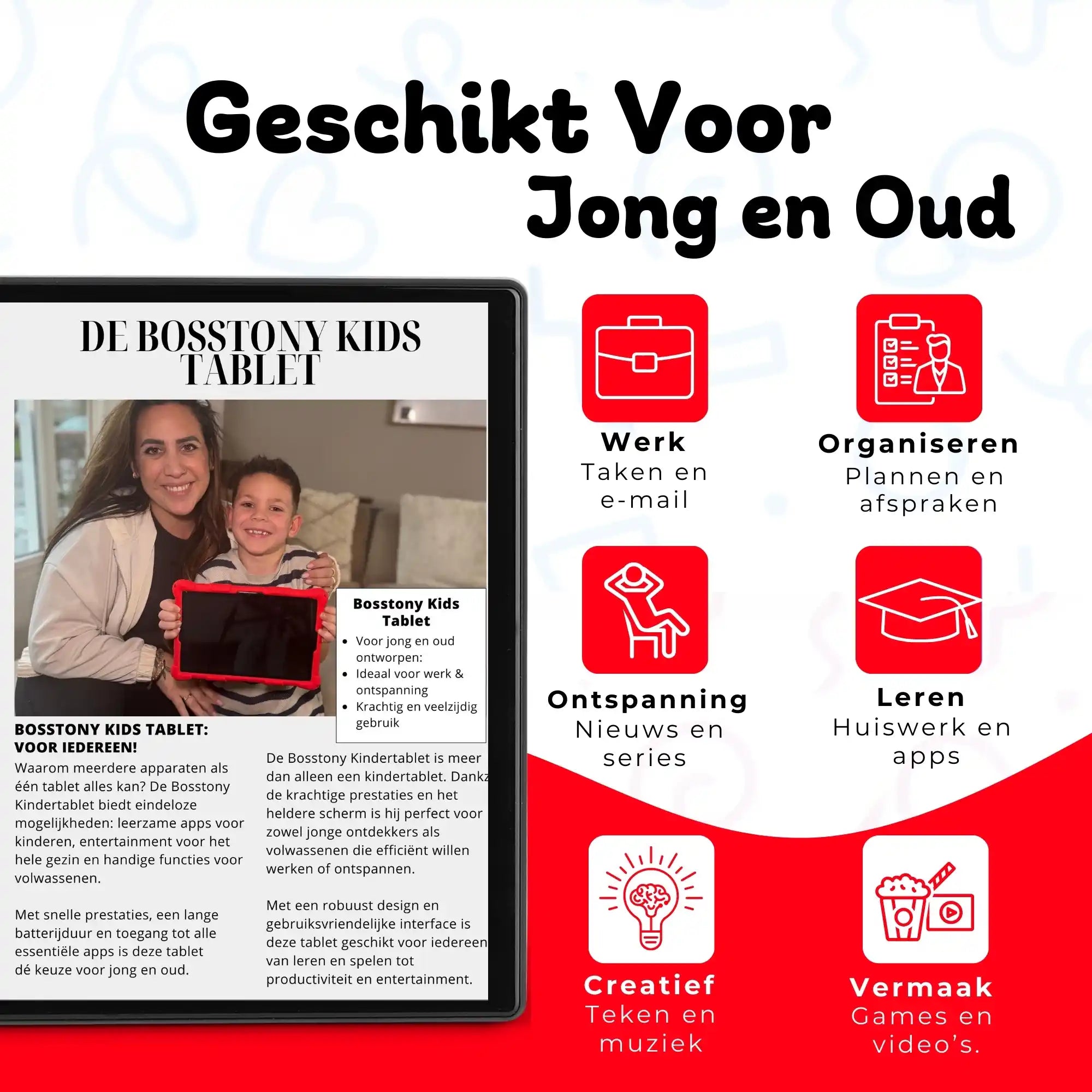 Bosstony kids tablet rood geschikt jong oud werk leren vermaak