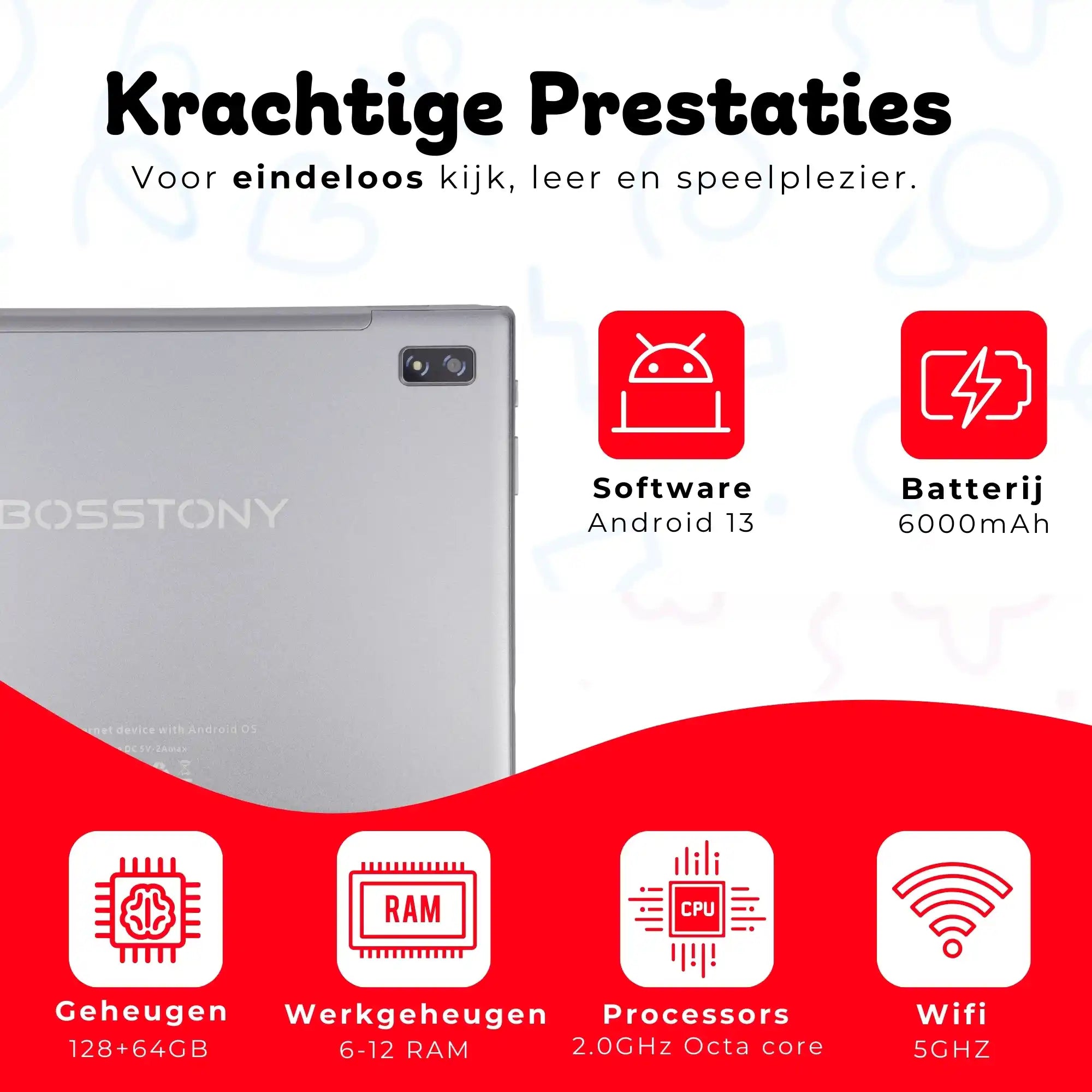 Bosstony kids tablet rood krachtige prestaties android 13 octacore 6gb 12gb ram 2ghz 128gb