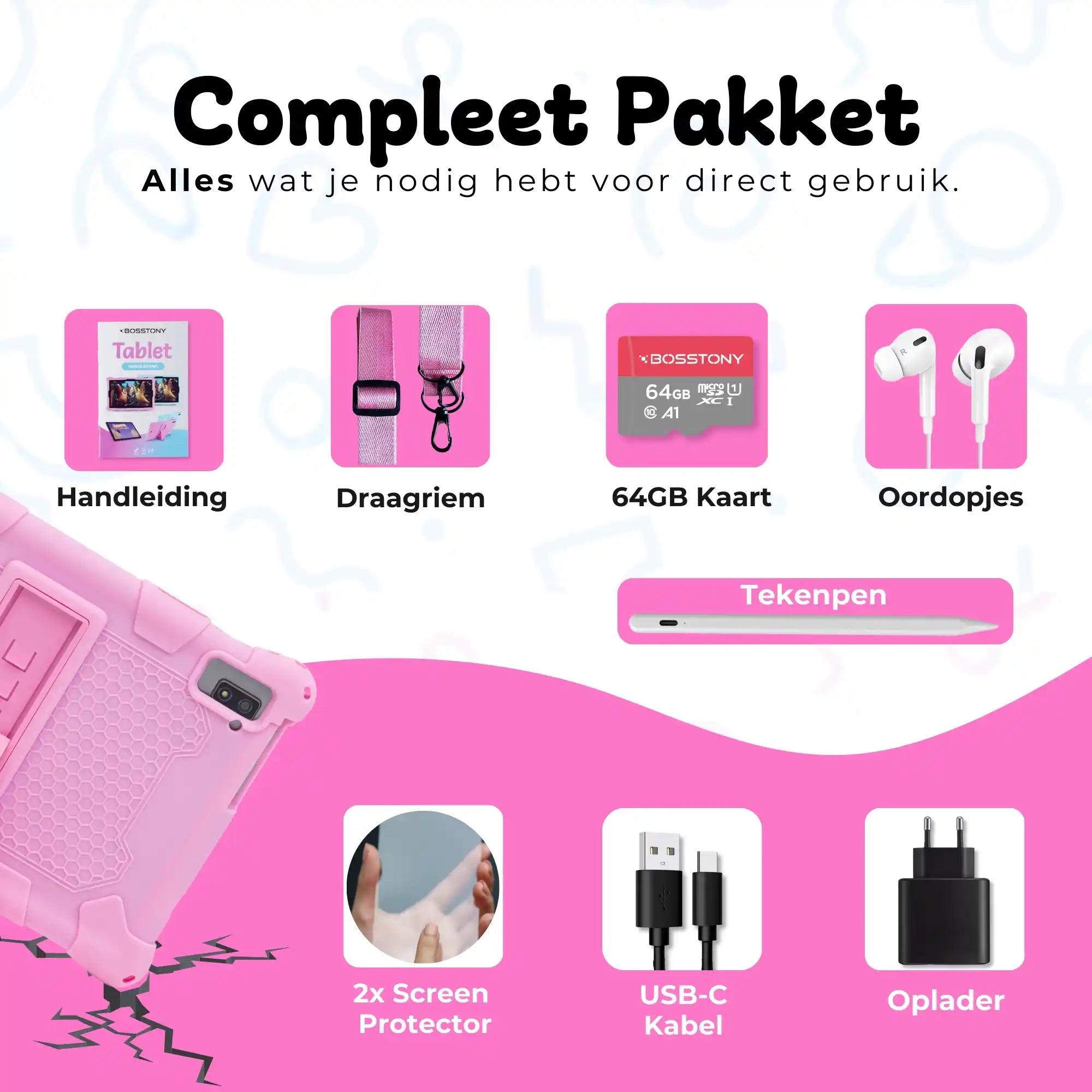 Bosstony kids tablet roze handleiding oordopjes 2 screenprotectors usbc lader