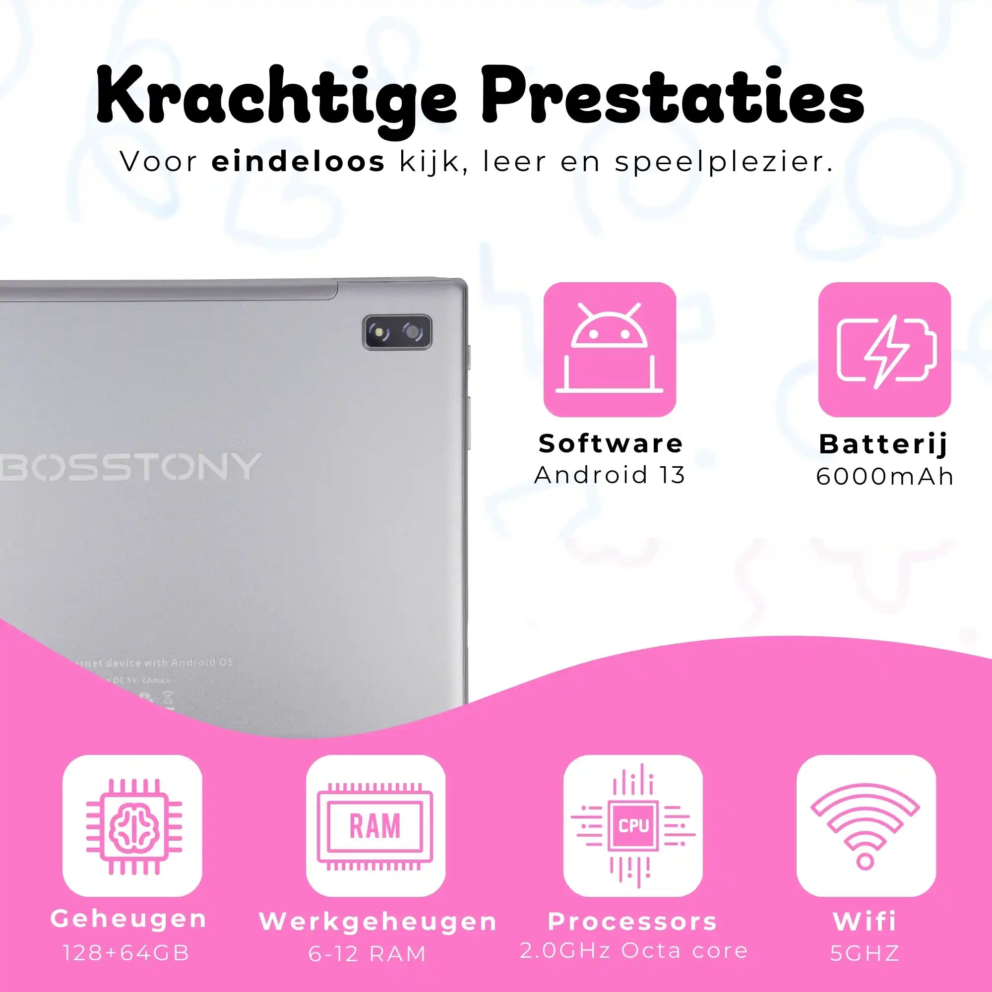 Bosstony kids tablet roze krachtige prestaties android 13 octacore 6gb 12gb ram 2ghz 128gb