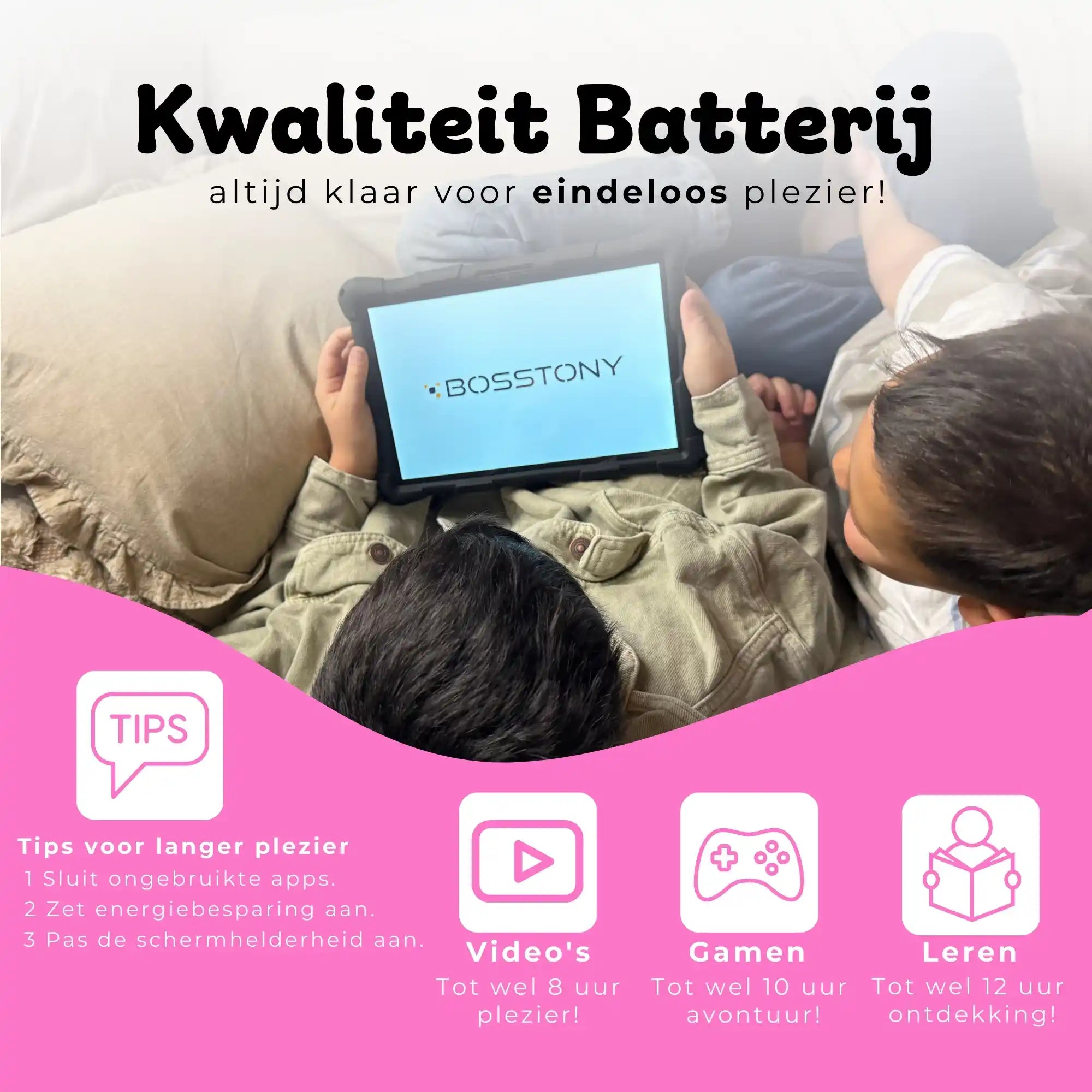 Bosstony kids tablet roze kwaliteit batterij videos gamen ontdekken