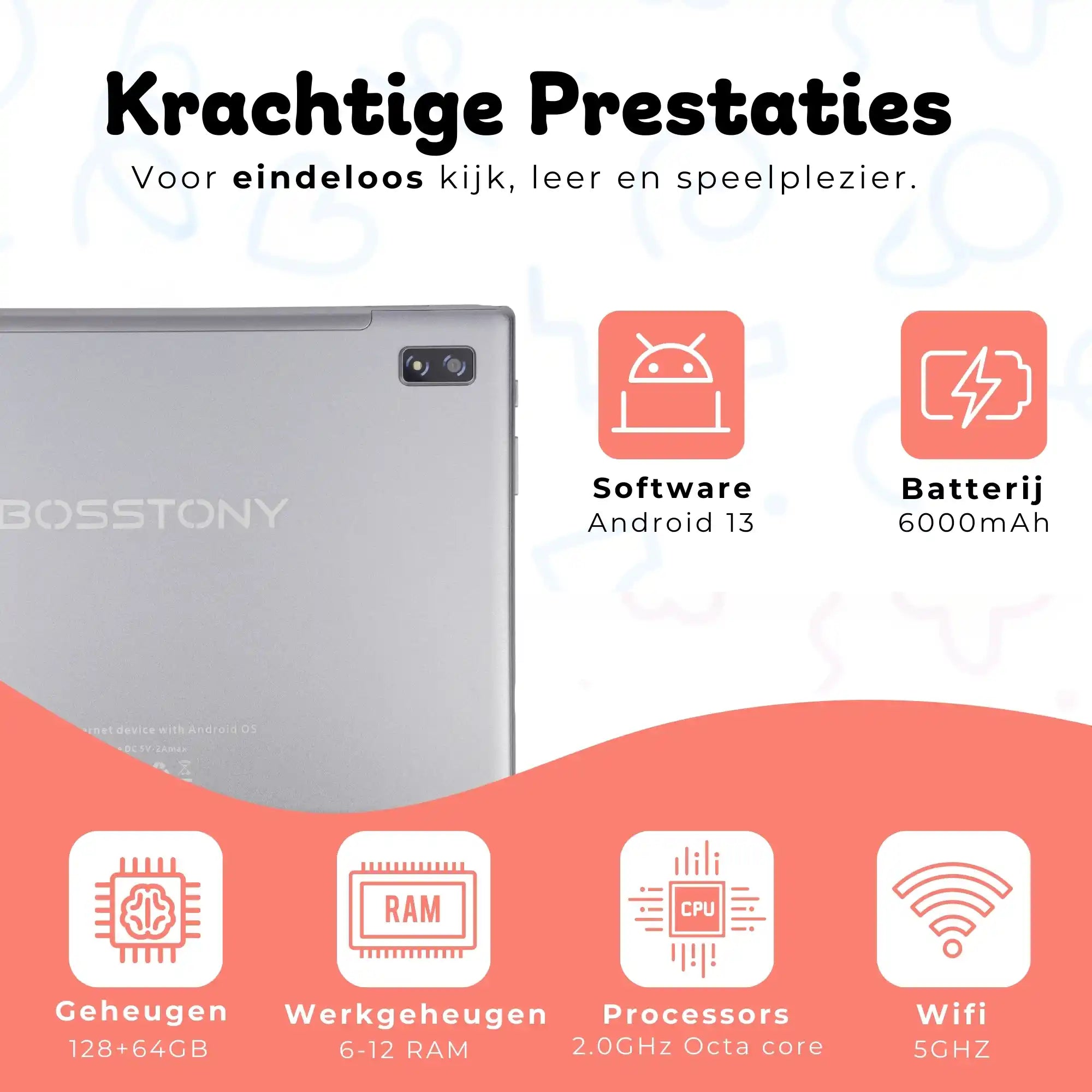 Bosstony kids tablet zalmroze krachtige prestaties android 13 octacore 6gb 12gb ram 2ghz 128gb