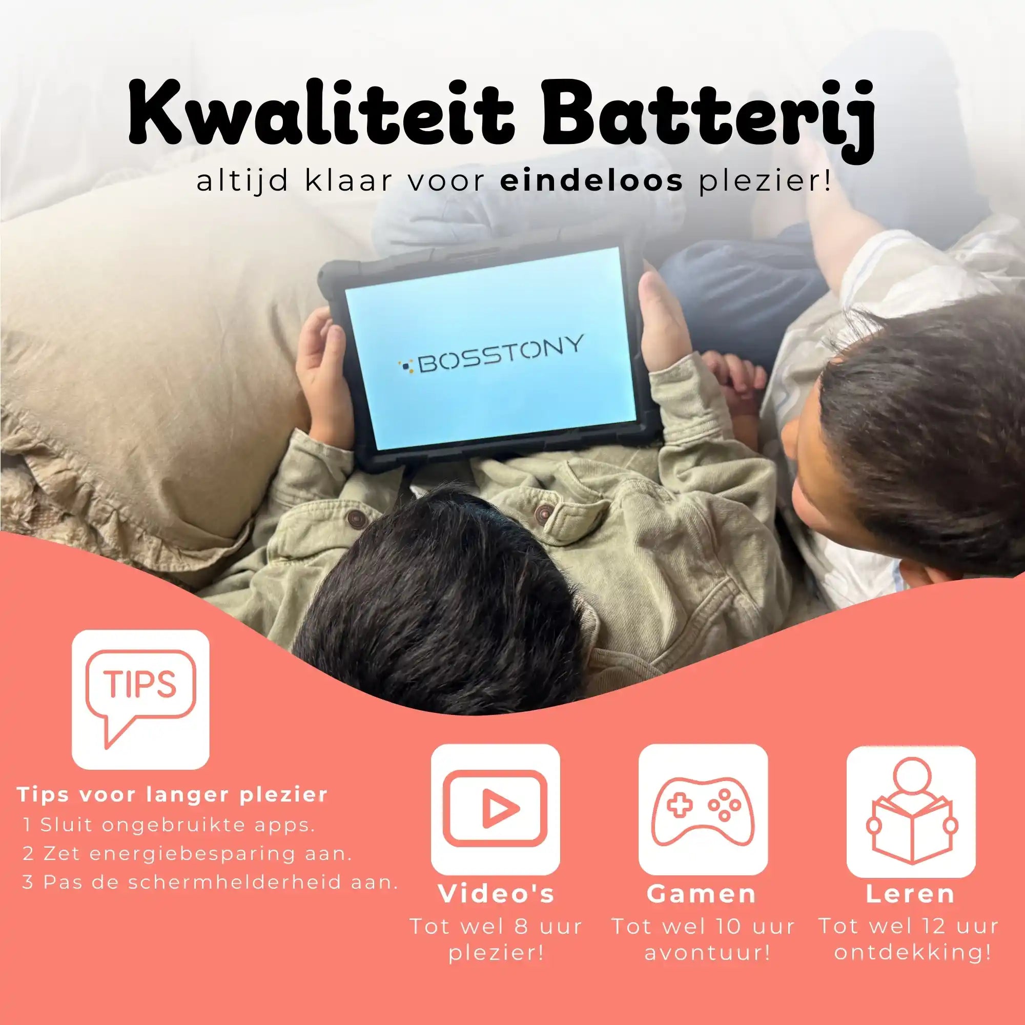 Bosstony kids tablet zalmroze kwaliteit batterij videos gamen ontdekken
