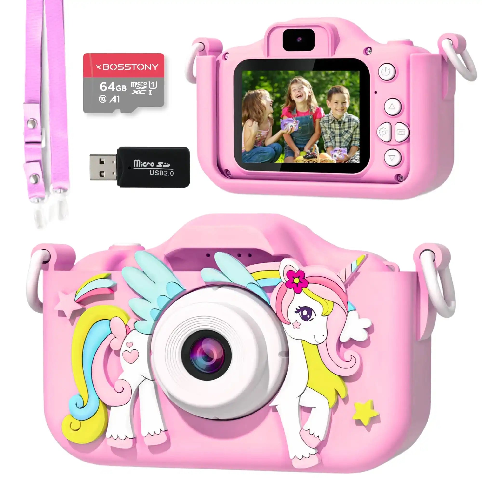 Bosstony roze kindercamera met 64gb geheugen en 48mp, perfect als eerste fototoestel voor kinderen