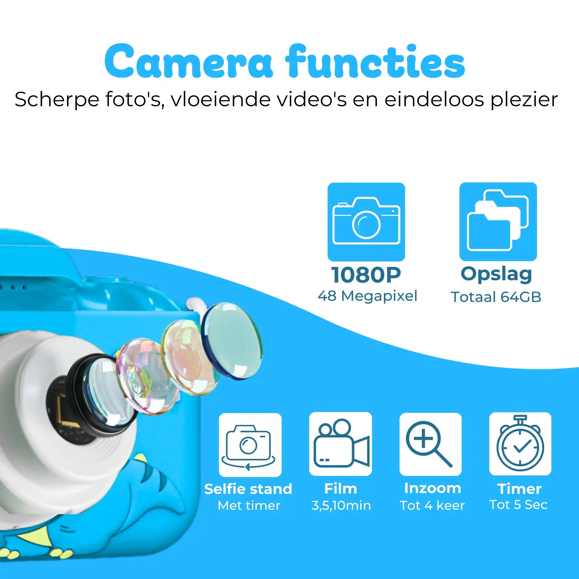 blauwe kindercamera van Bosstony met 48mp en 64gb, een geweldig cadeau voor jonge fotografen