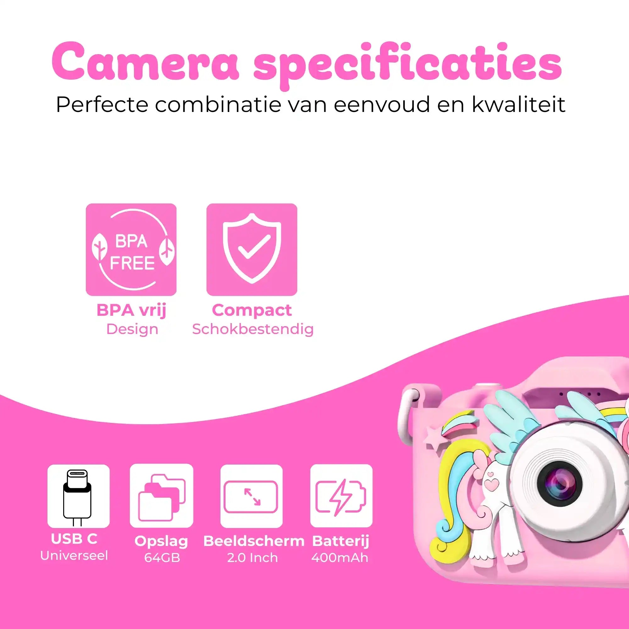roze fototoestel voor kinderen met 48mp en selfie-modus voor creatieve foto's en selfies