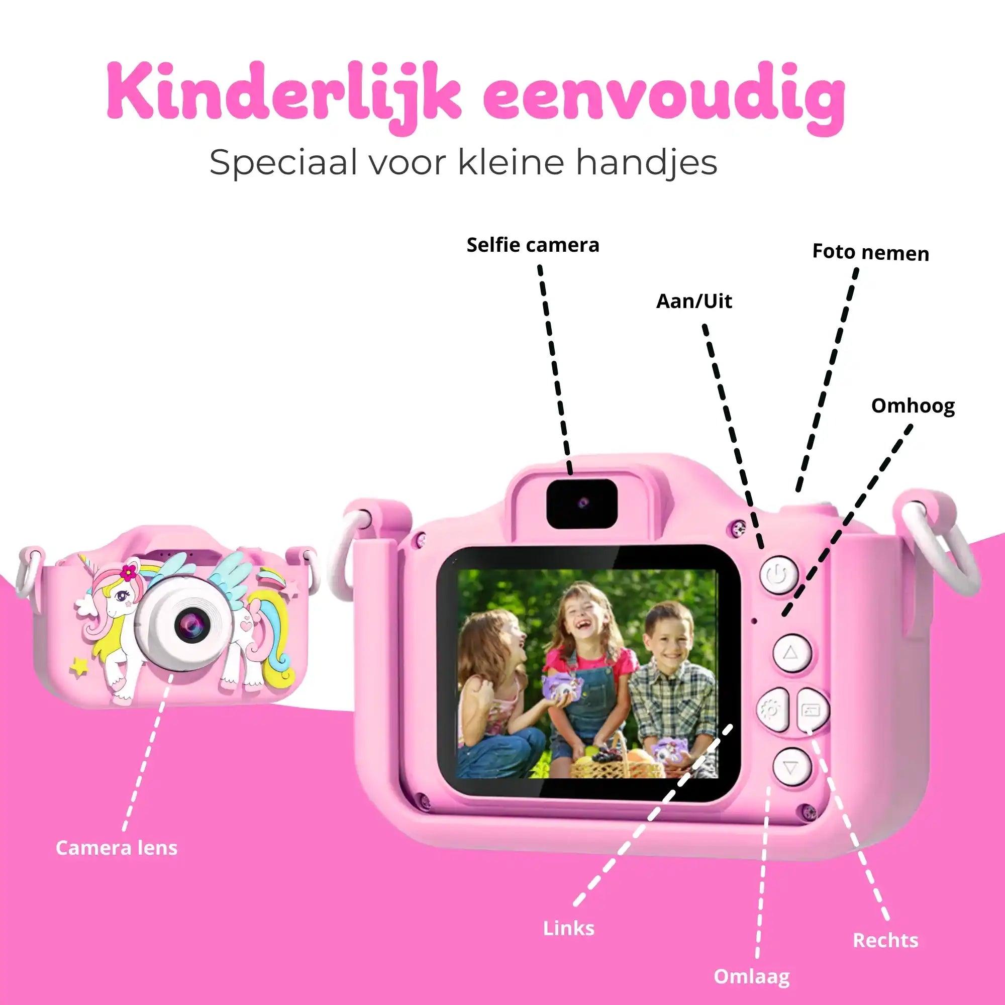 roze kindercamera met full hd video en een groot 2-inch scherm voor duidelijk beeld