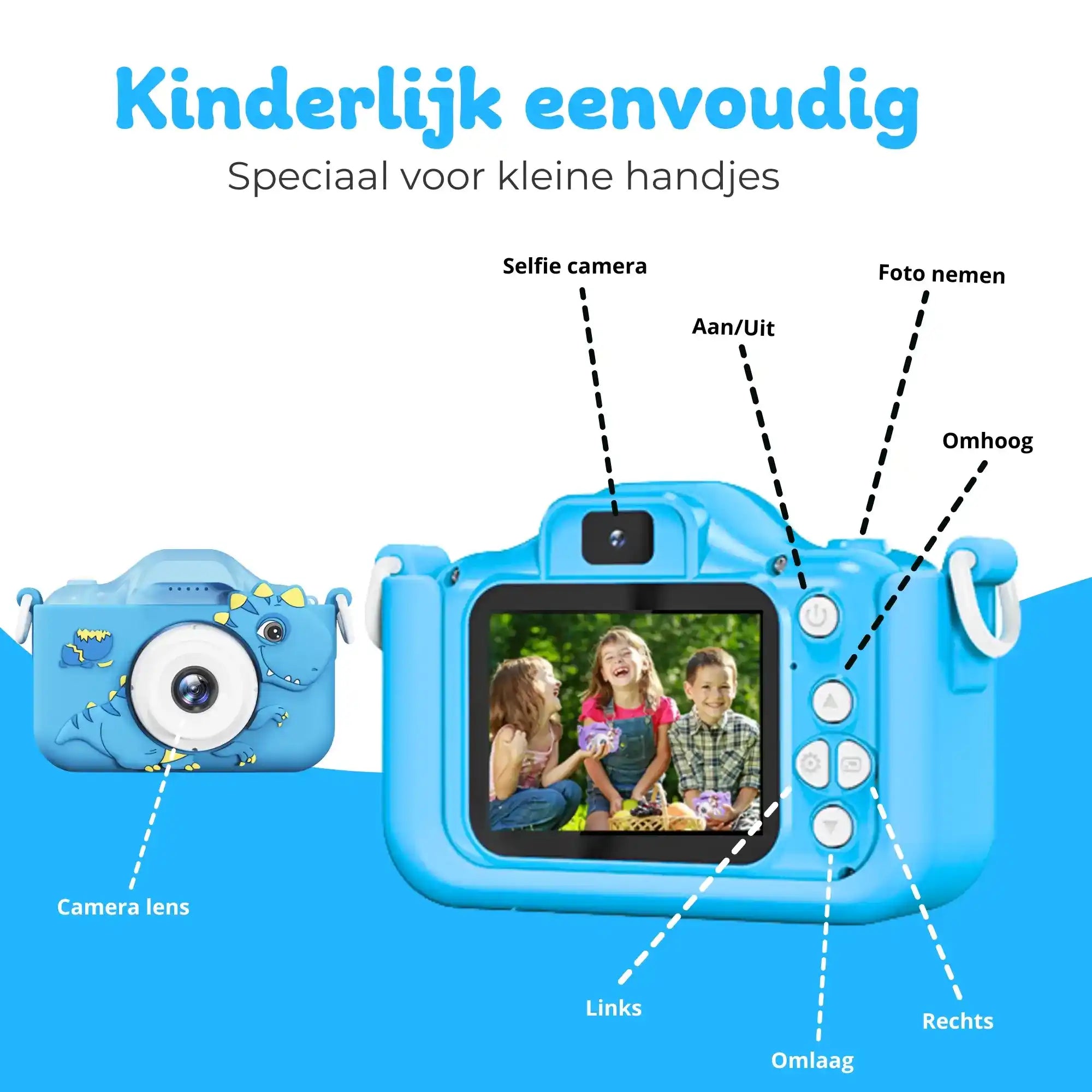 Blauwe kindercamera met 48mp, dubbele lens en ingebouwde spelletjes voor extra plezier