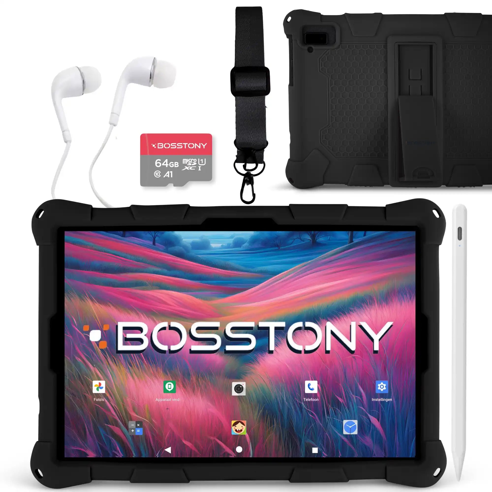 Bosstony kids tablet zwart 64gb kaart oordopjes styluspen beschermhoes