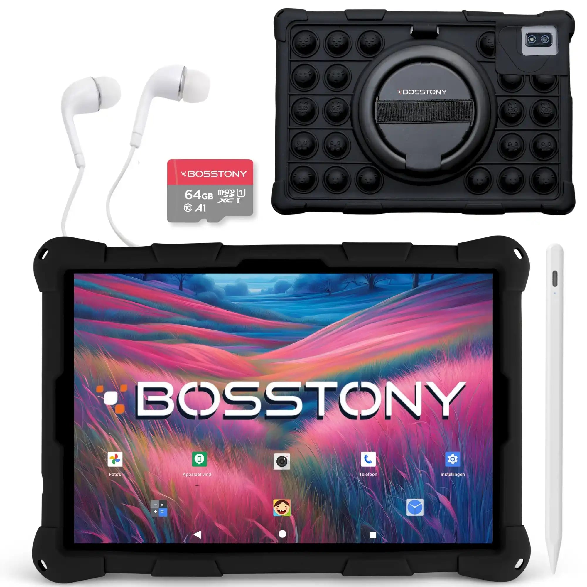 Bosstony kids tablet zwart fidget 64gb kaart oordopjes styluspen beschermhoes