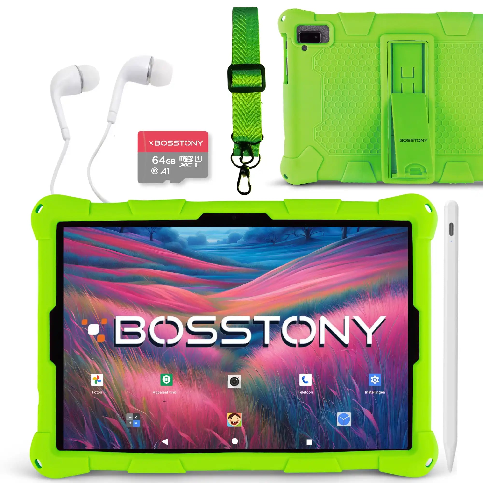 Bosstony kids tablet groen 64gb kaart oordopjes styluspen beschermhoes