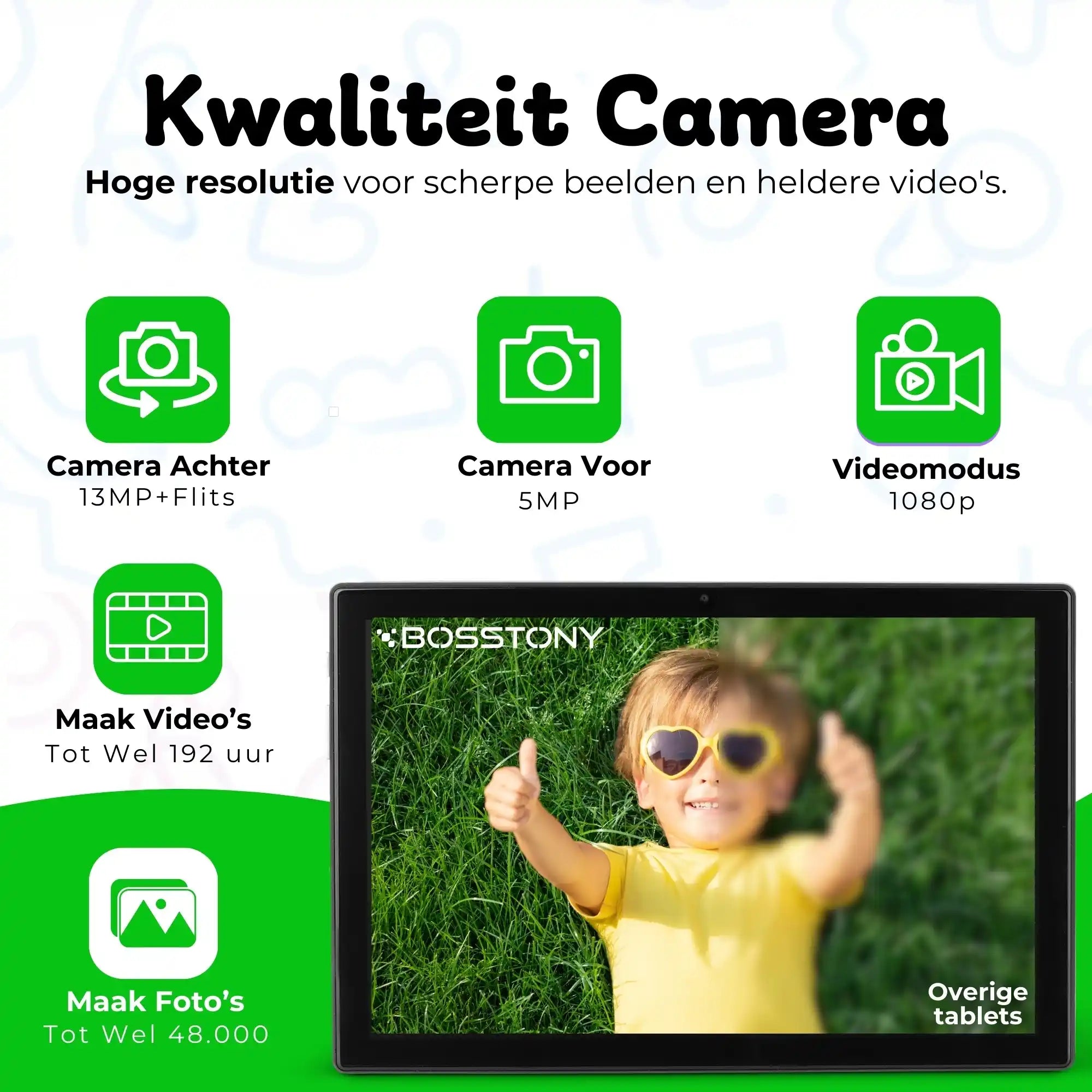 Bosstony kids tablet groen camera 13mp 1080p fullhd videos