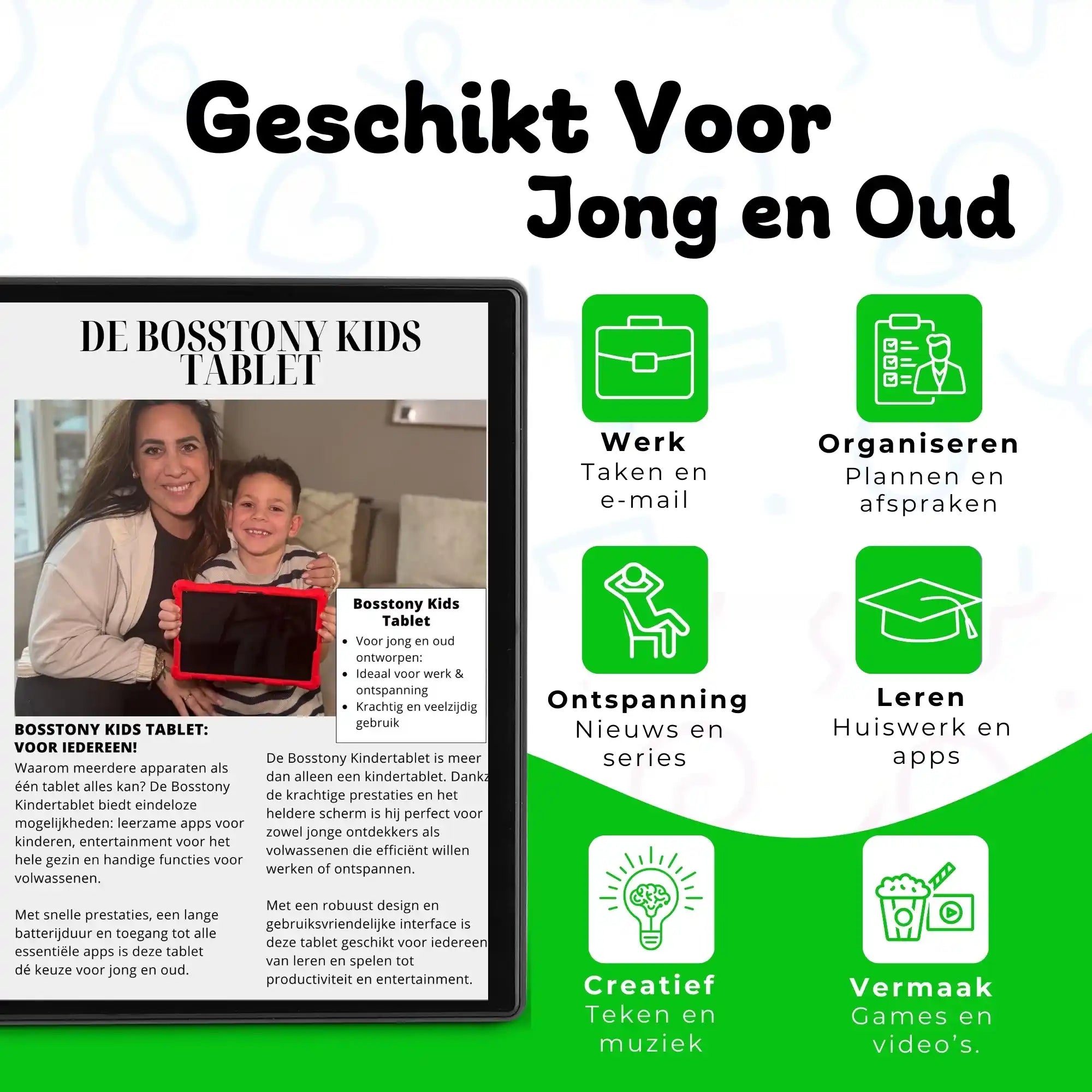 Bosstony kids tablet groen geschikt jong oud werk leren vermaak