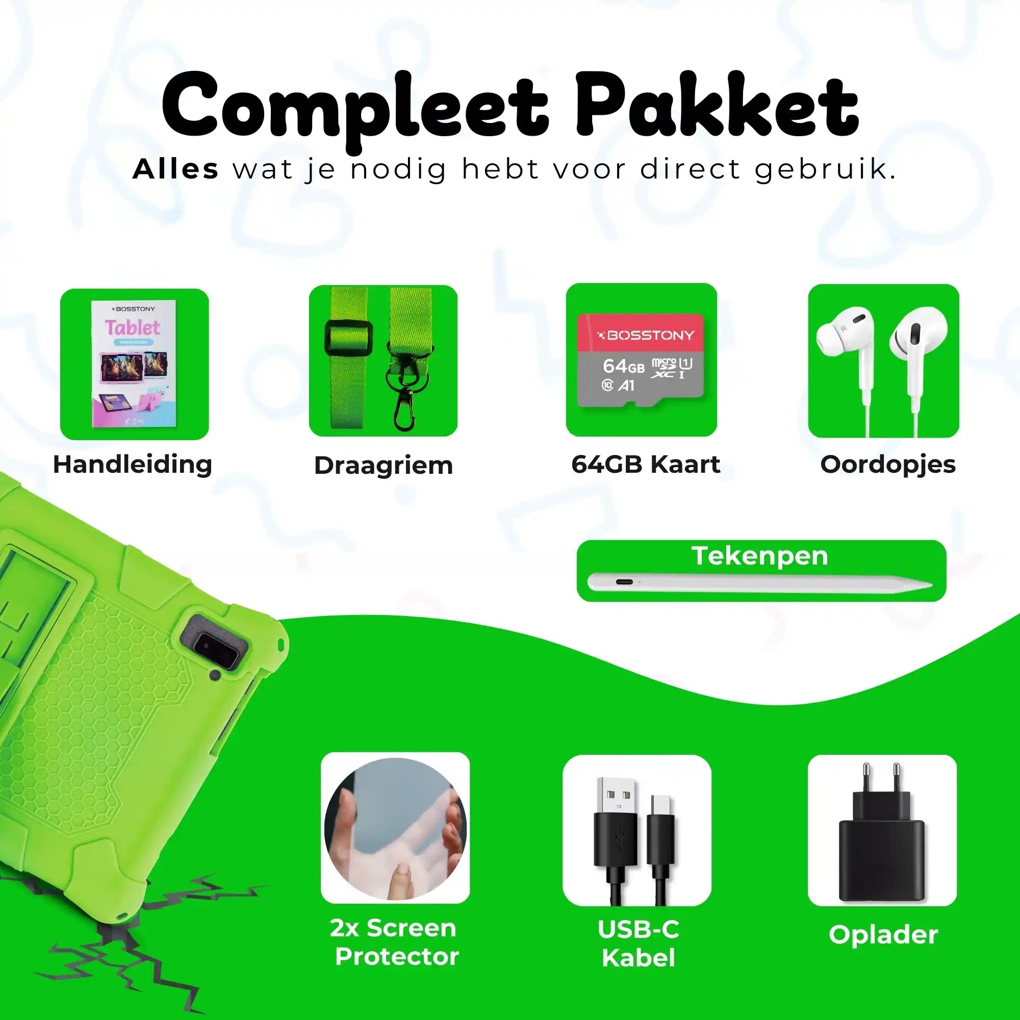 Bosstony kids tablet groen handleiding oordopjes 2 screenprotectors usb c lader