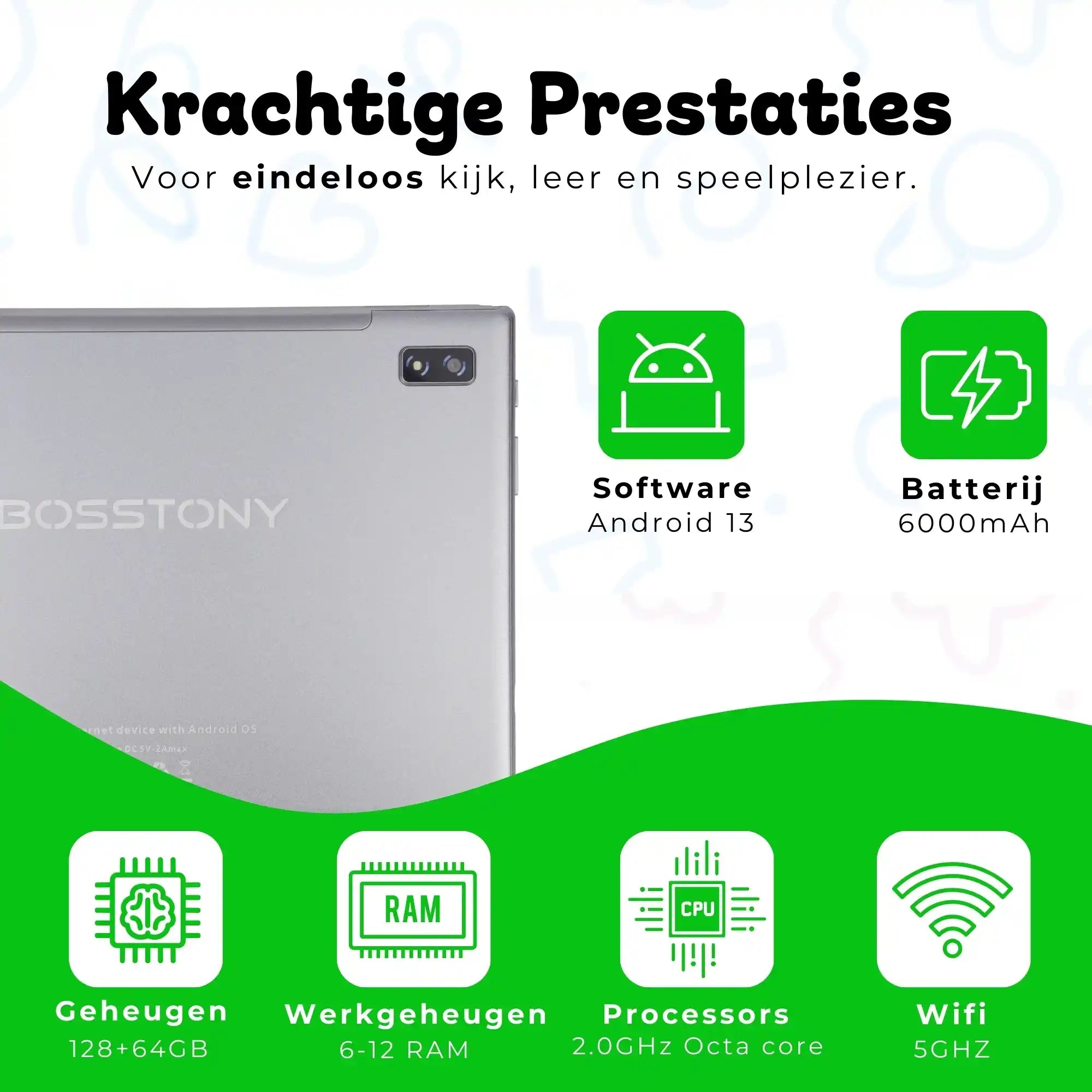 Bosstony kids tablet groen krachtige prestaties android 13 octacore 6gb 12gb ram 2ghz 128gb