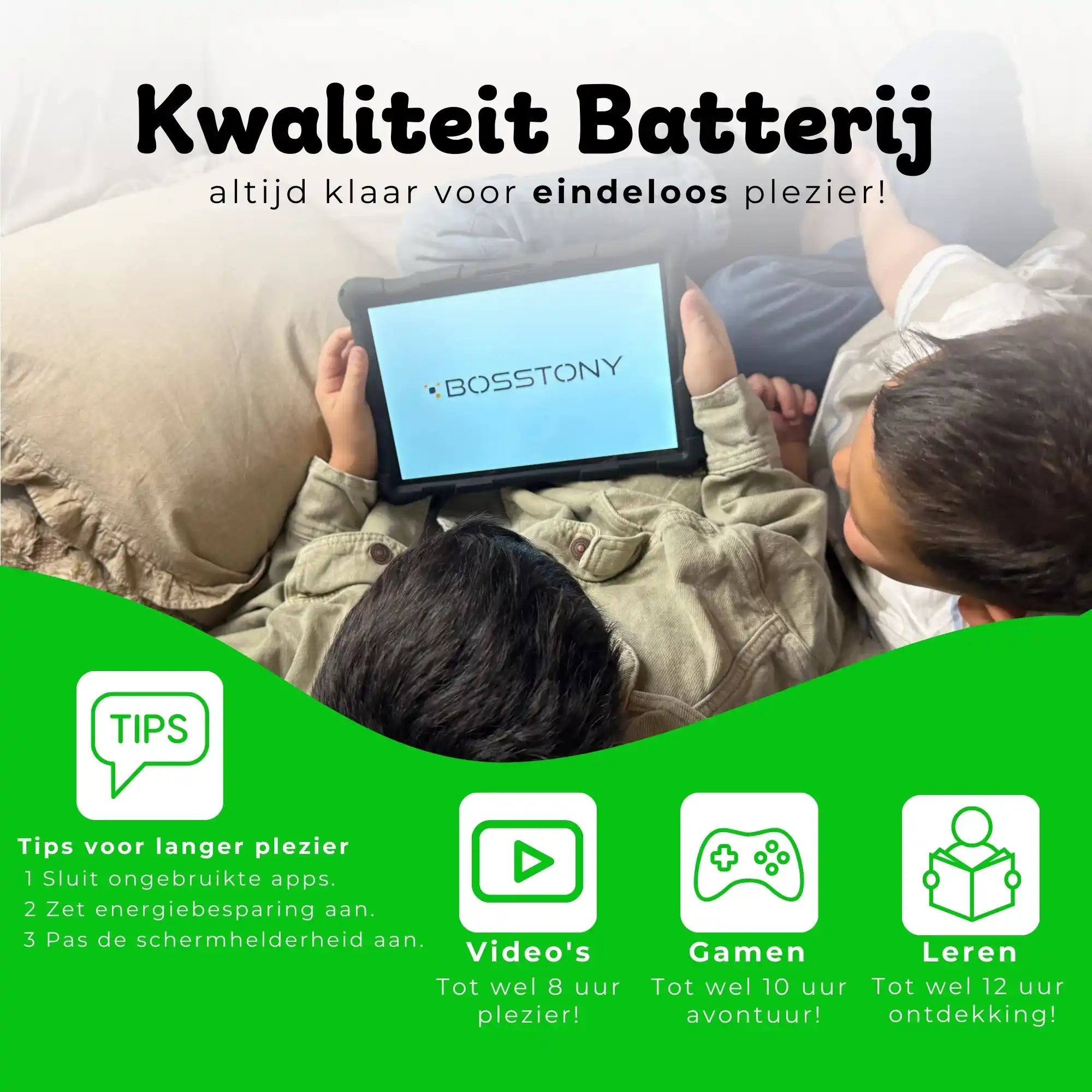 Bosstony kids tablet groen kwaliteit batterij videos gamen ontdekken