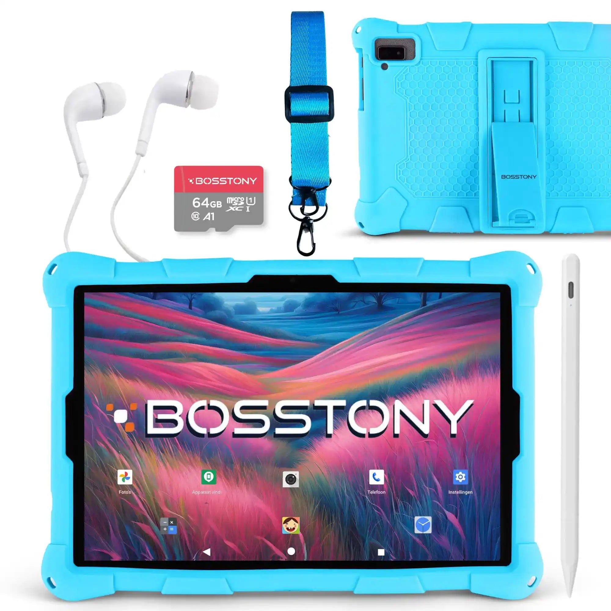 Bosstony kids tablet lichtblauw 64gb kaart oordopjes styluspen beschermhoes