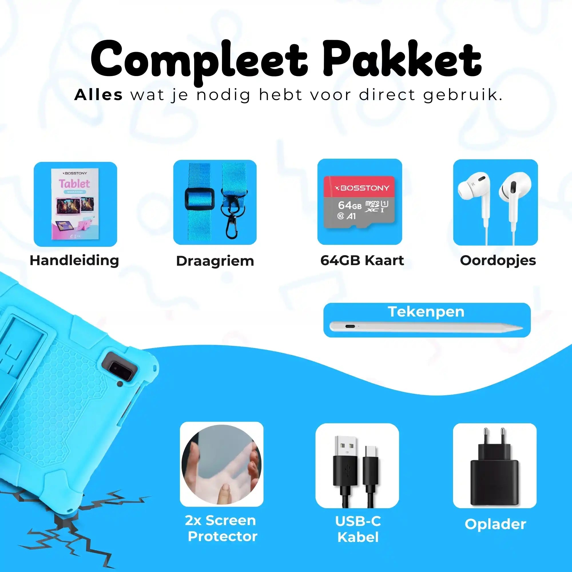 Bosstony kids tablet lichtblauw handleiding oordopjes 2 screenprotectors usb c lader