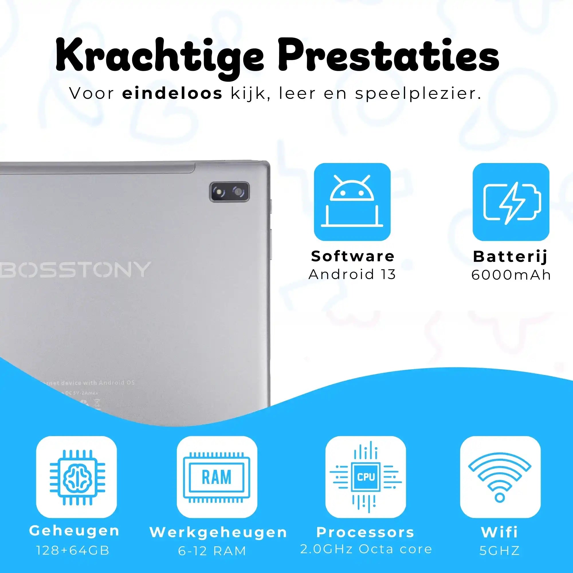 Bosstony kids tablet lichtblauw krachtige prestaties android 13 octacore 6gb 12gb ram 2ghz 128gb