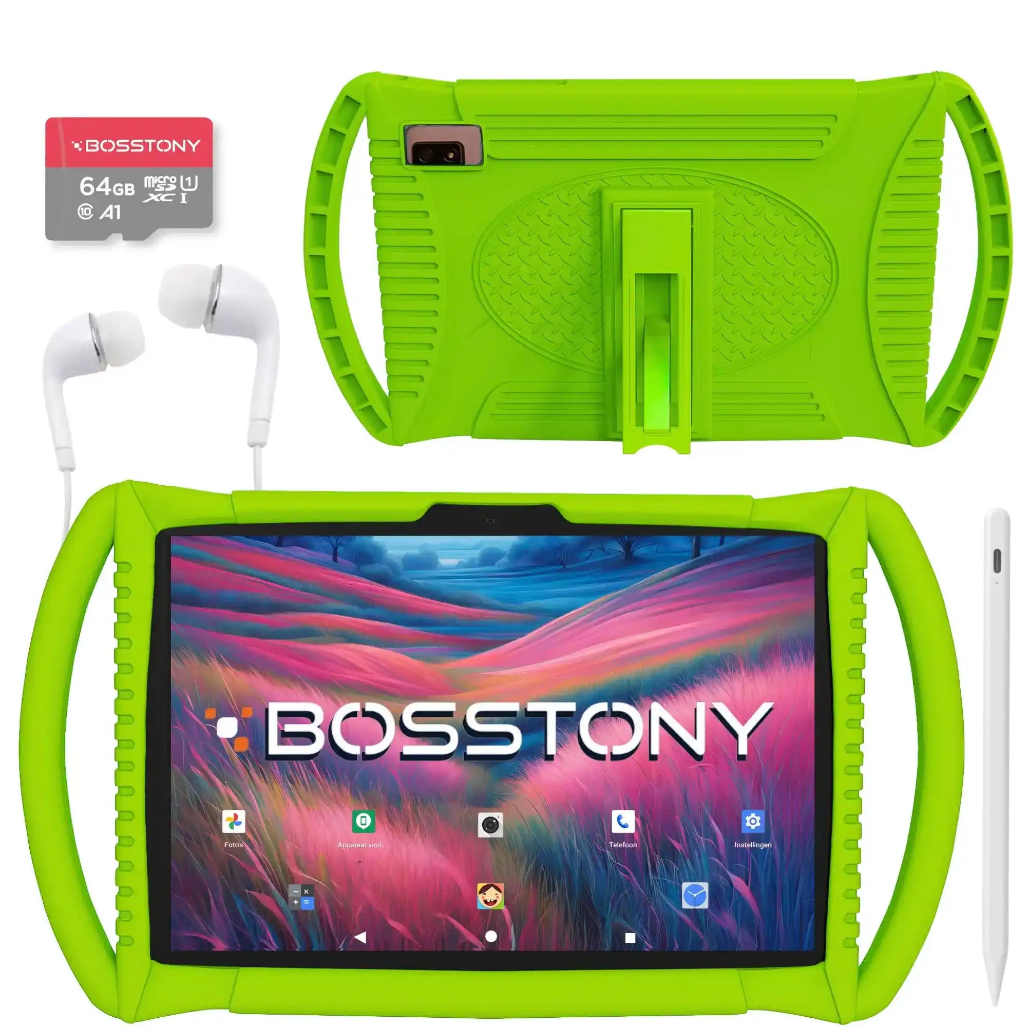 Bosstony kids tablet lichtgroen 64gb kaart oordopjes styluspen beschermhoes