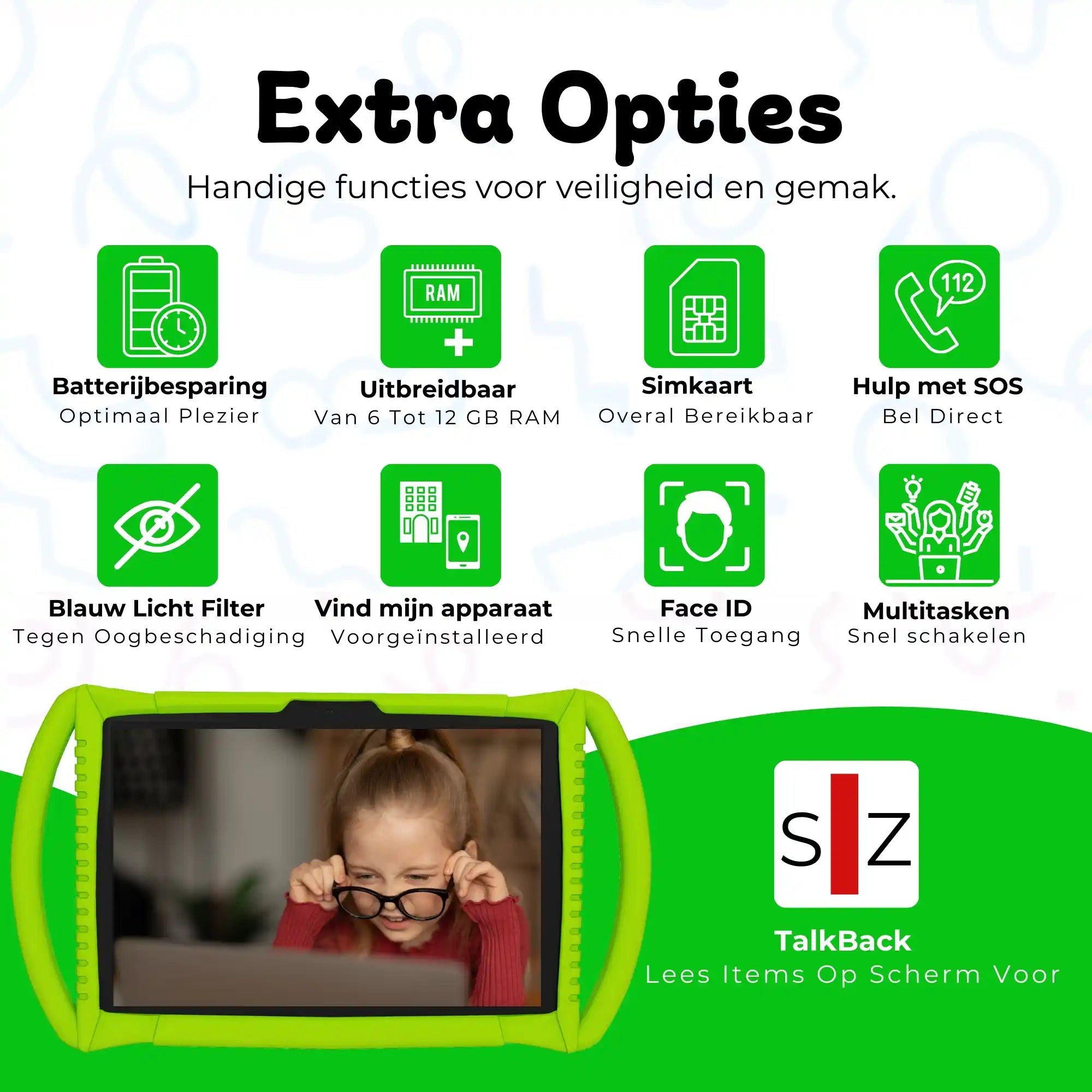 Bosstony kids tablet lichtgroen extra opties simkaart gps faceid multitasken