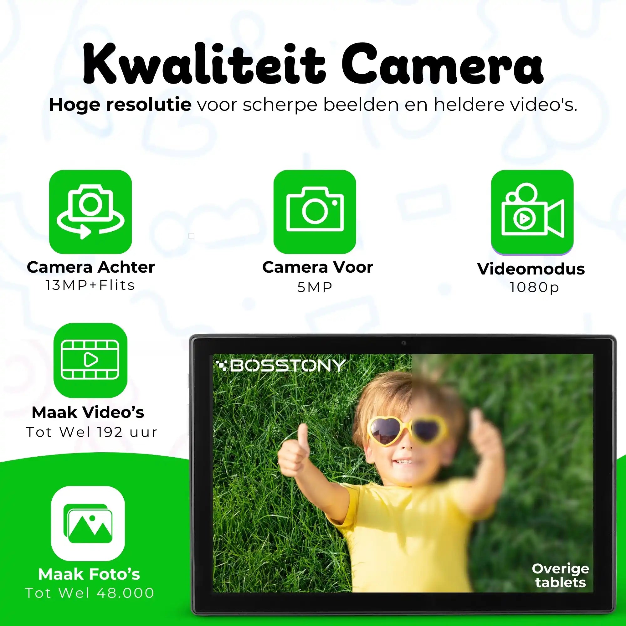 Bosstony kids tablet lichtgroen handleiding oordopjes 2 screenprotectors usb c lader