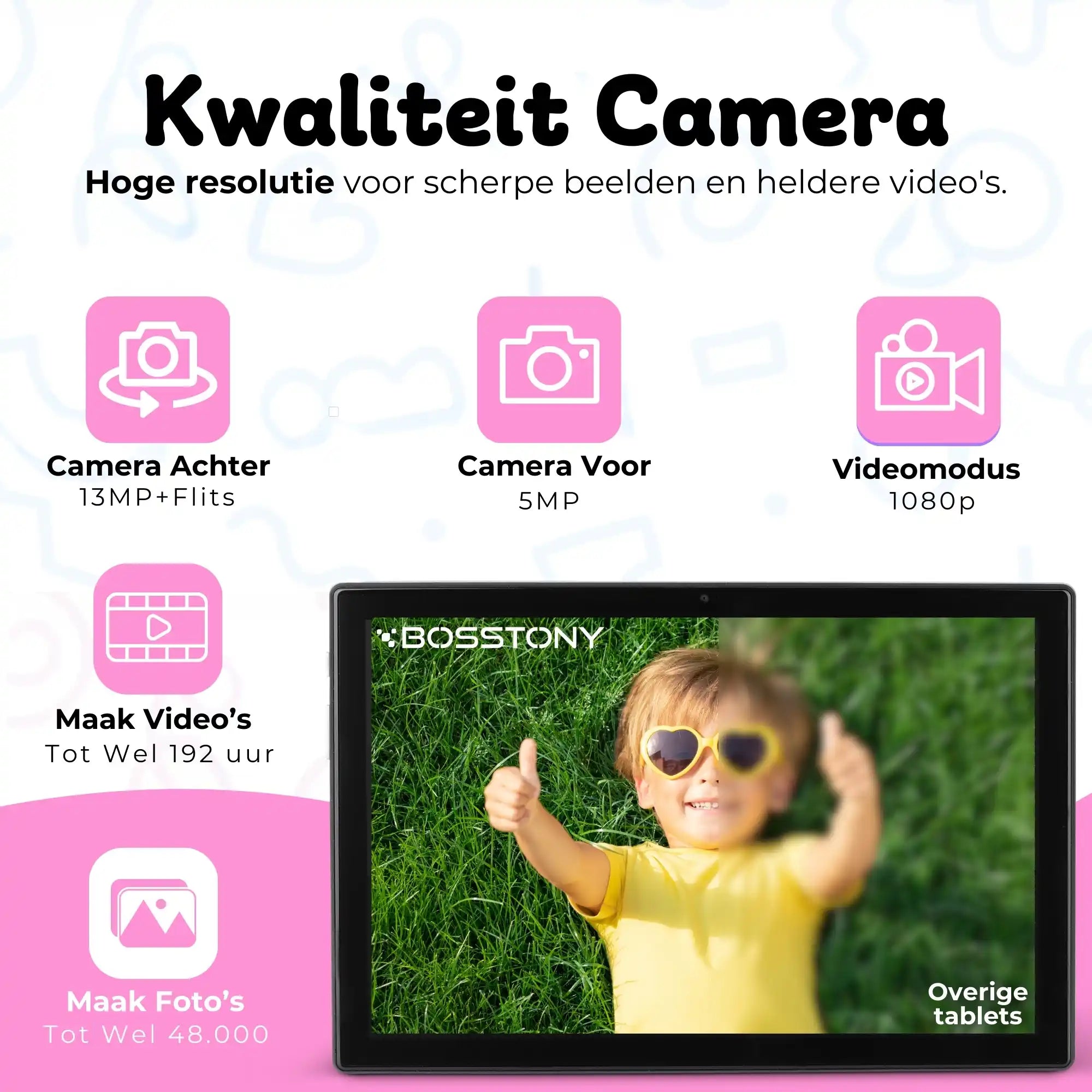 Bosstony kids tablet lichtroze camera 13mp 1080p fullhd videos