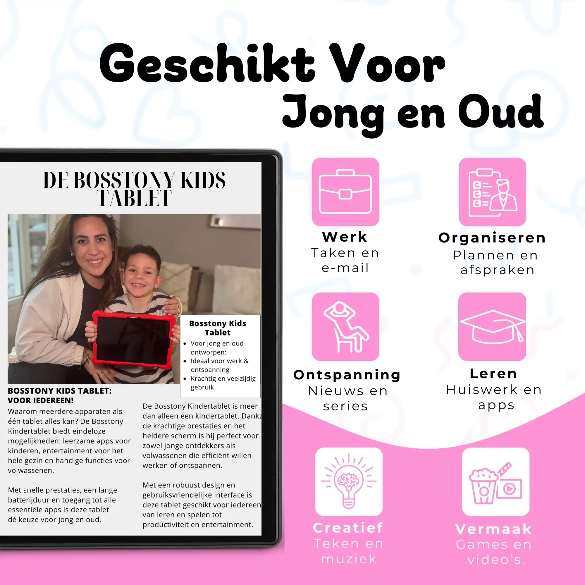 Bosstony kids tablet lichtroze geschikt jong oud werk leren vermaak