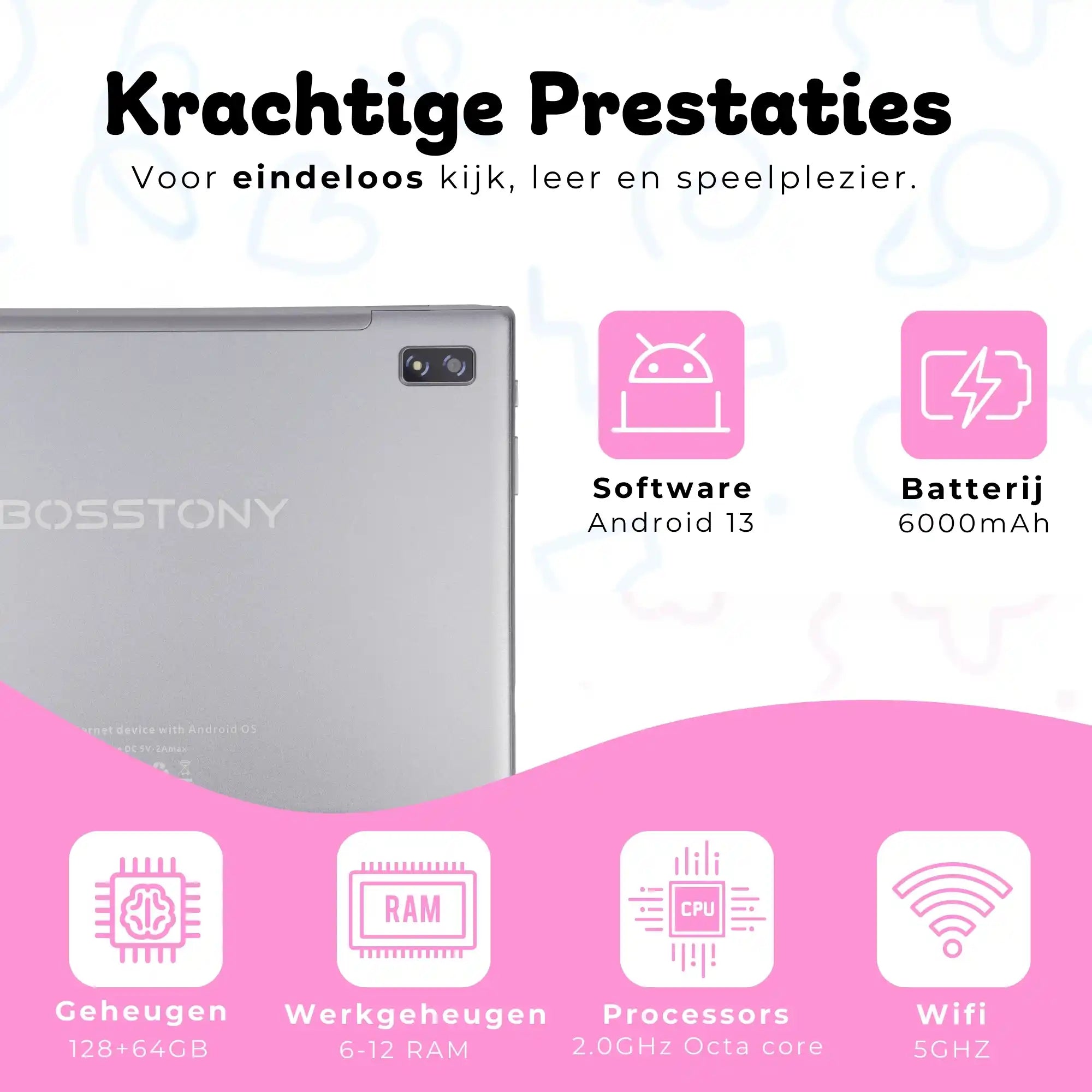 Bosstony kids tablet lichtroze krachtige prestaties android 13 octacore 6gb 12gb ram 2ghz 128gb