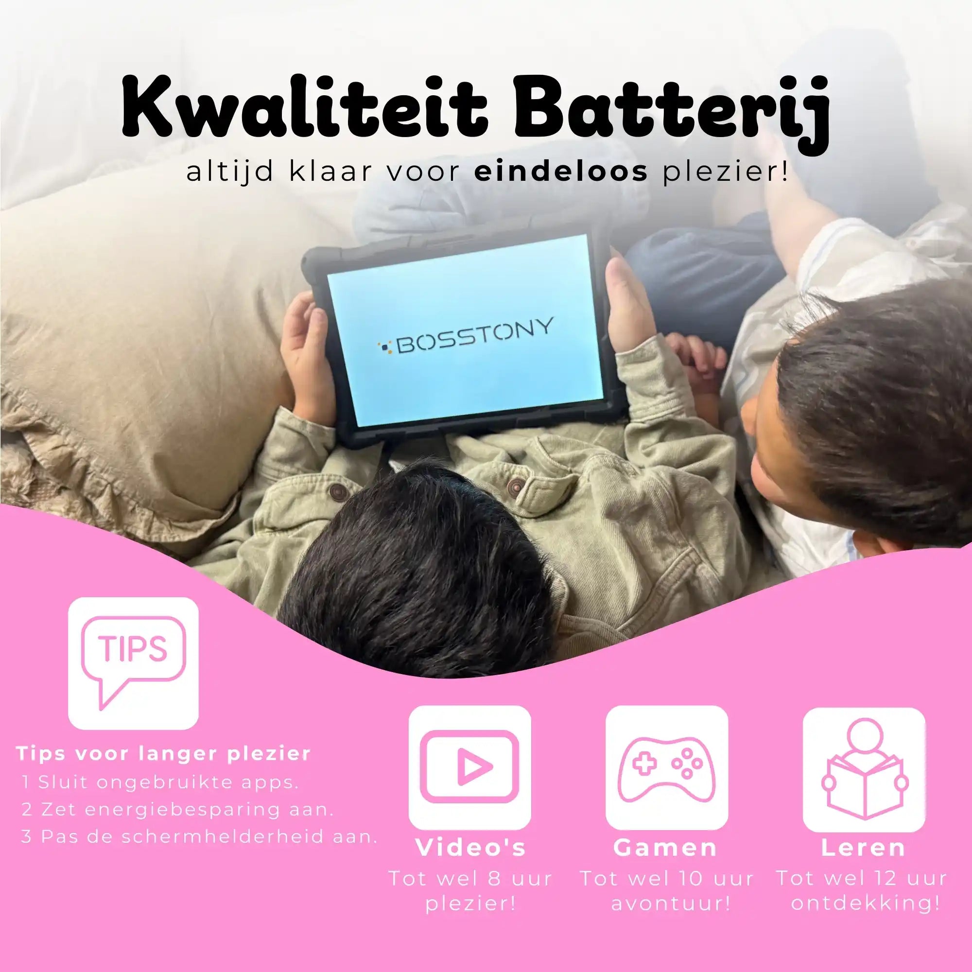 Bosstony kids tablet lichtroze kwaliteit batterij videos gamen ontdekken