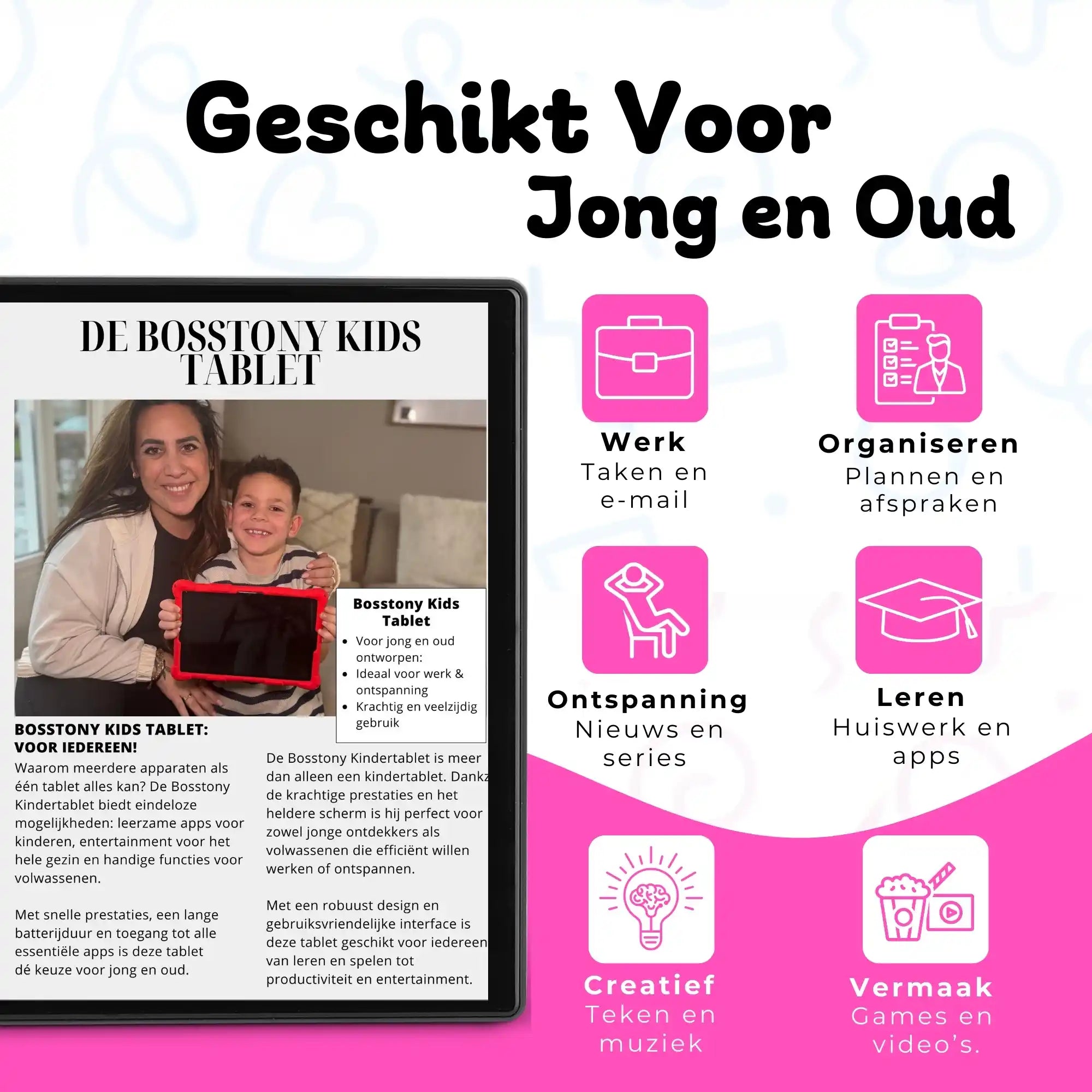 Bosstony kids tablet neonroze geschikt jong oud werk leren vermaak