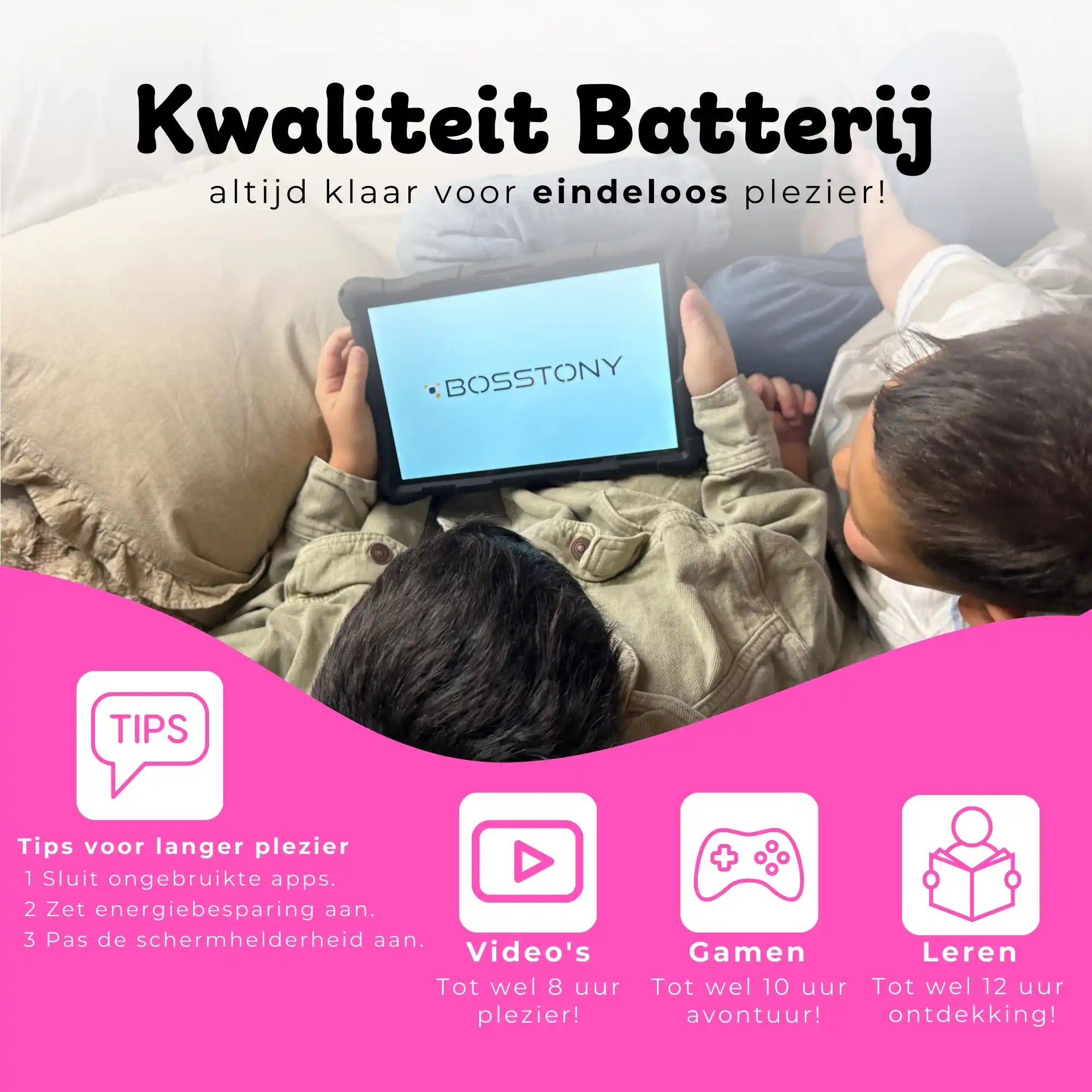 Bosstony kids tablet neonroze kwaliteit batterij videos gamen ontdekken
