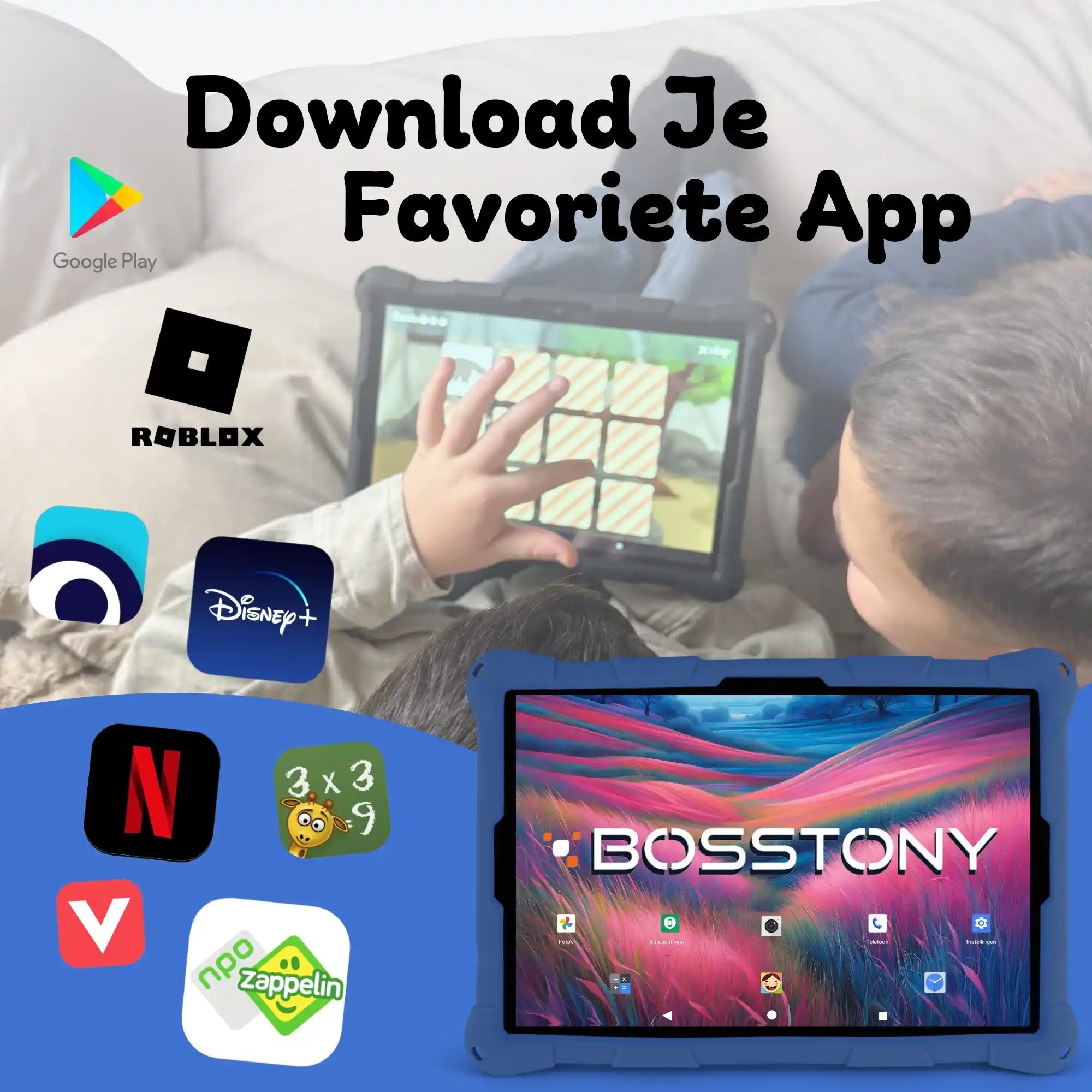 Bosstony kids tablet obsidiaan blauw fidget download apps npo disney roblox videoland