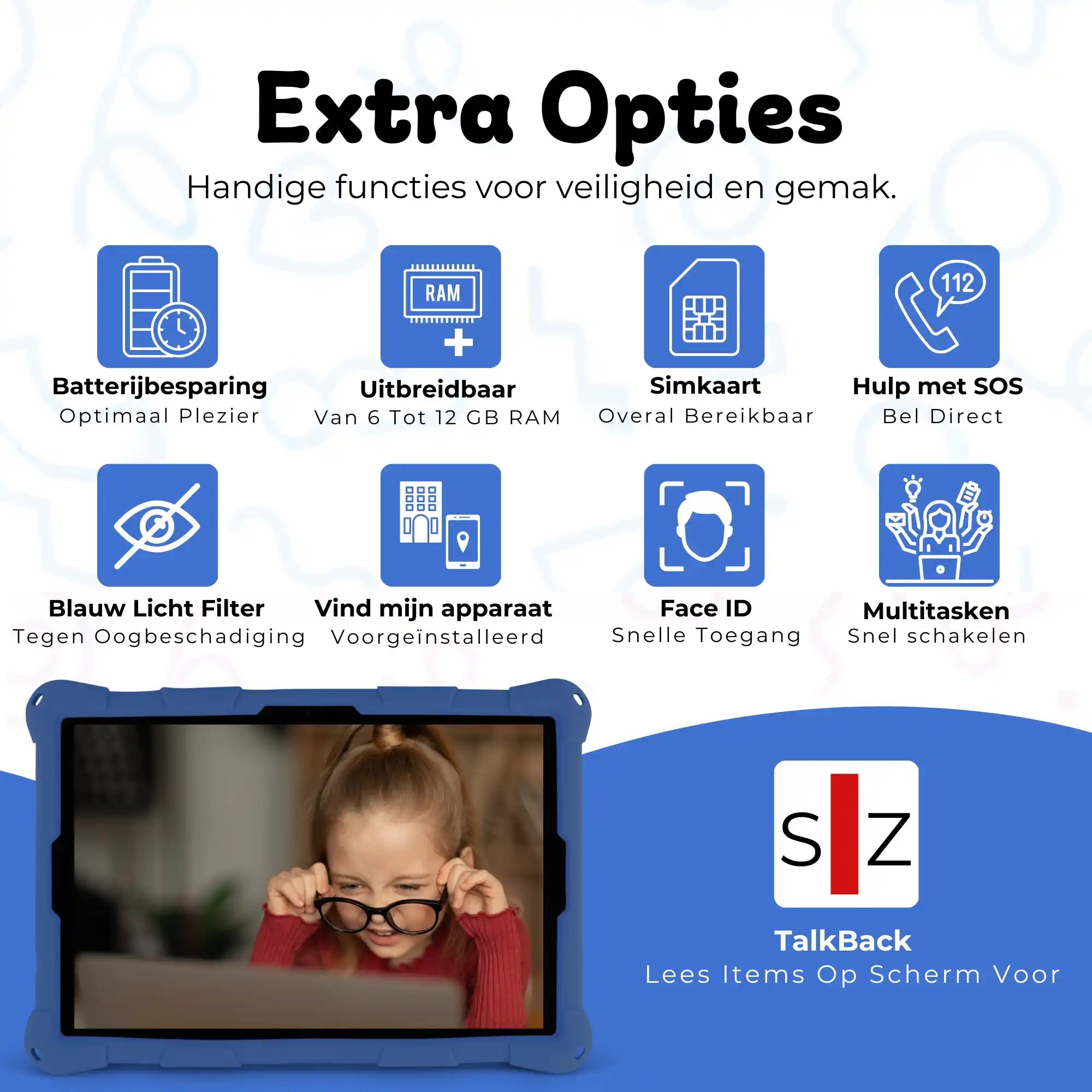 Bosstony kids tablet obsidiaan blauw fidget extra opties simkaart gps faceid multitasken
