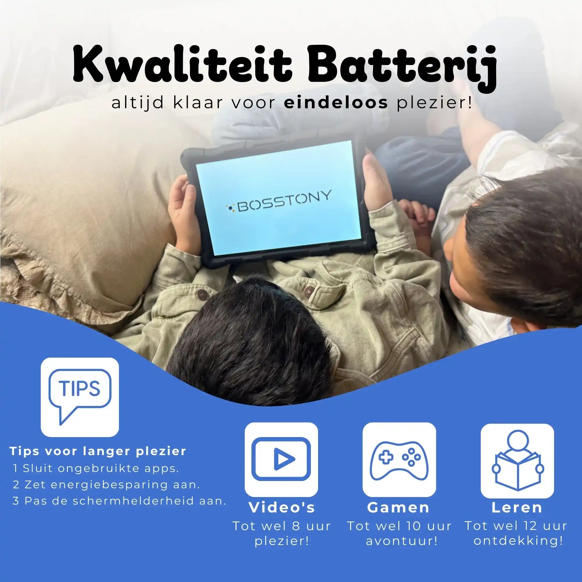 Bosstony kids tablet obsidiaan blauw fidget kwaliteit batterij videos gamen ontdekken