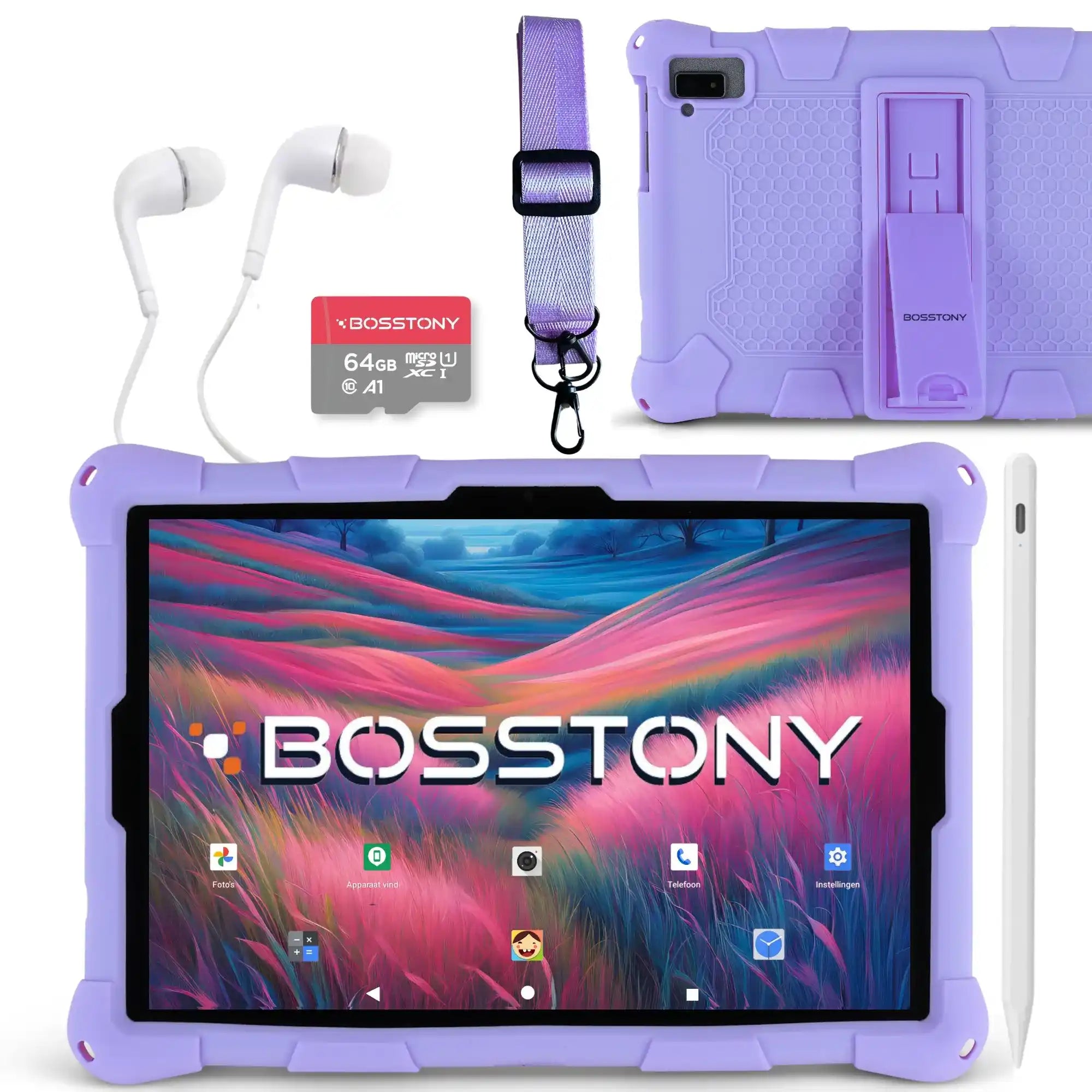 Bosstony kids tablet paars 64gb kaart oordopjes styluspen beschermhoes