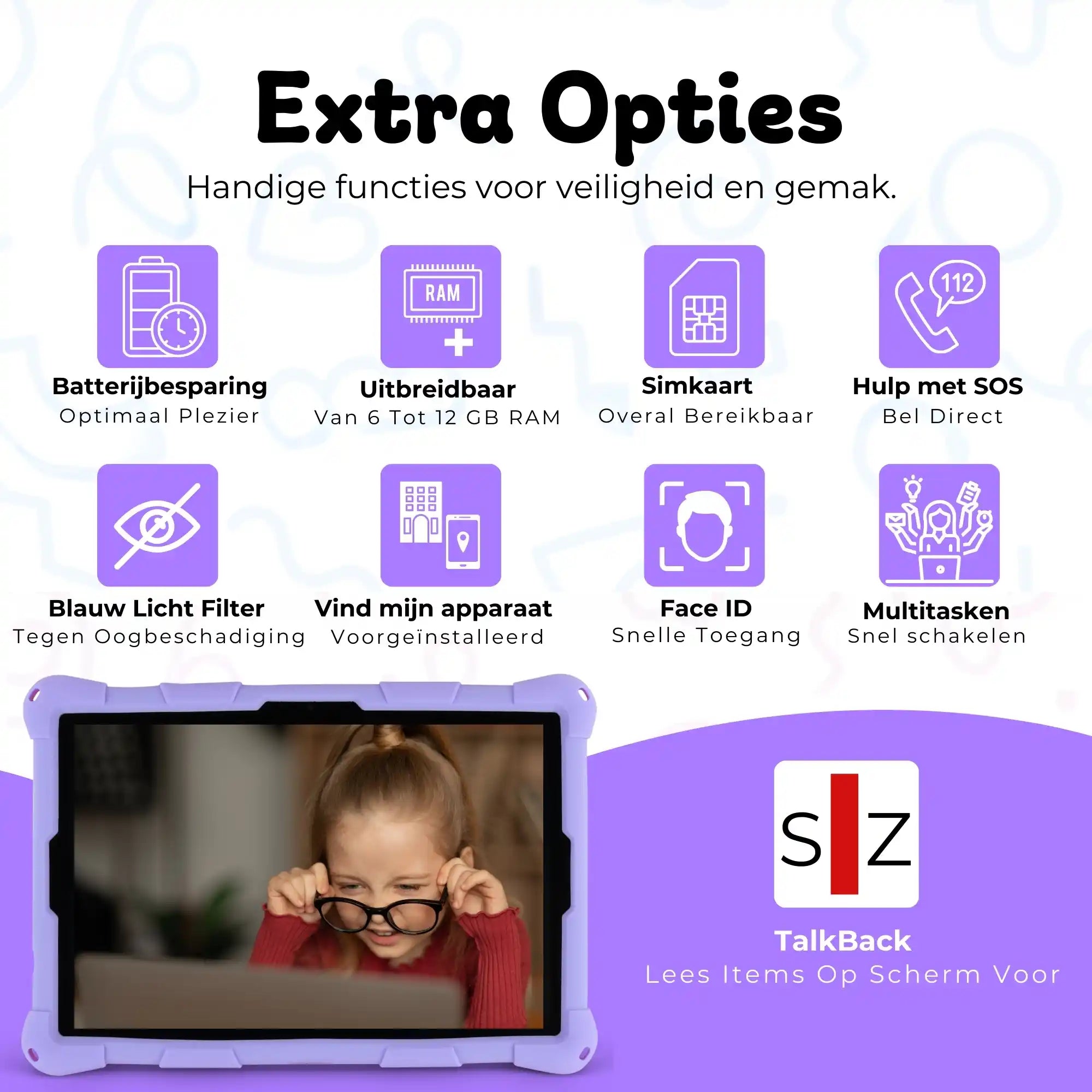 Bosstony kids tablet paars extra opties simkaart gps faceid multitasken