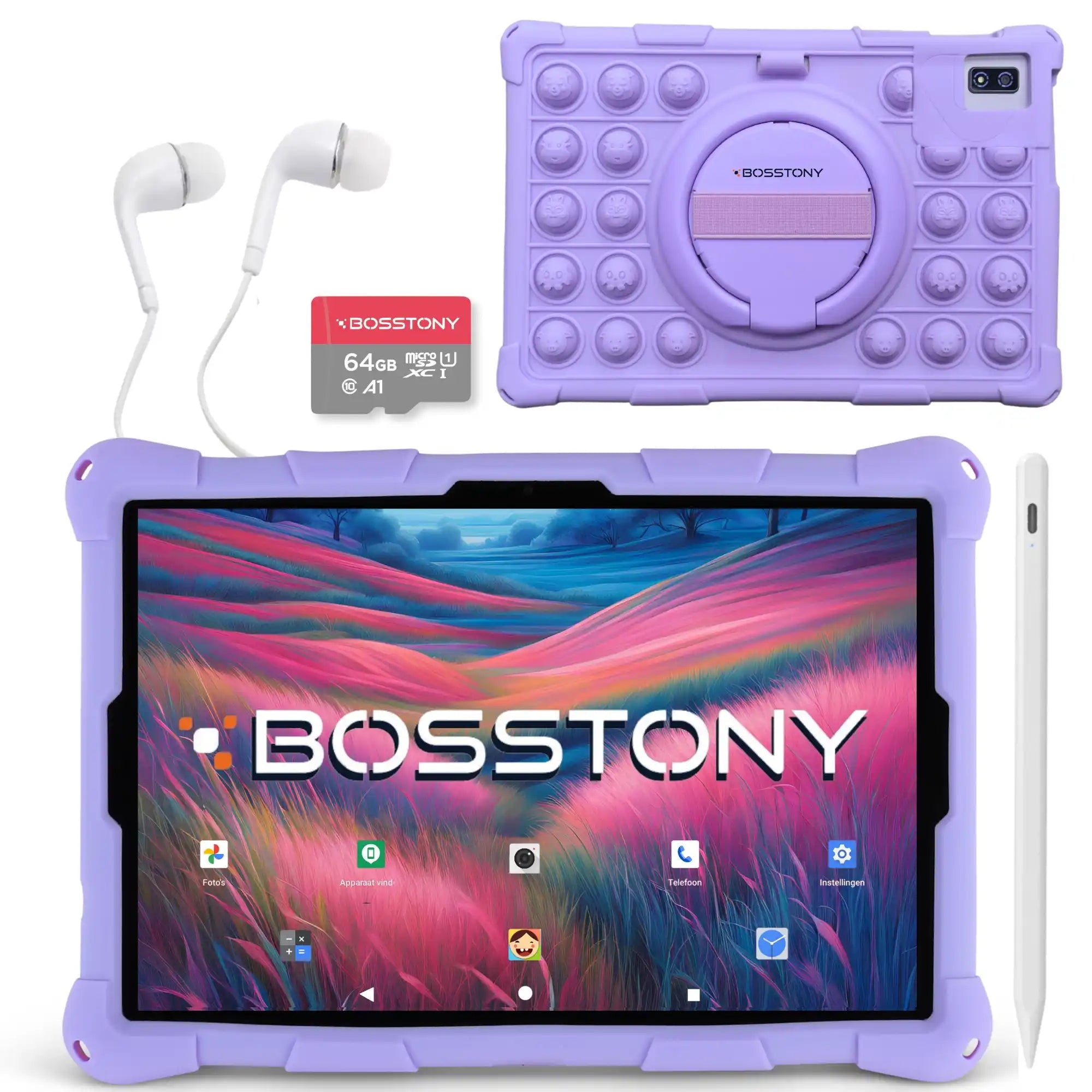 Bosstony kids tablet paars fidget 64gb kaart oordopjes styluspen beschermhoes