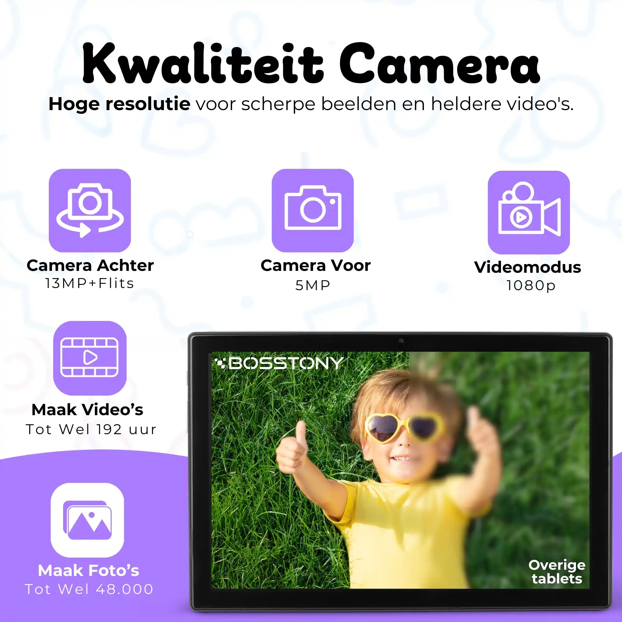 Bosstony kids tablet paars fidget camera 13mp 1080p fullhd videos