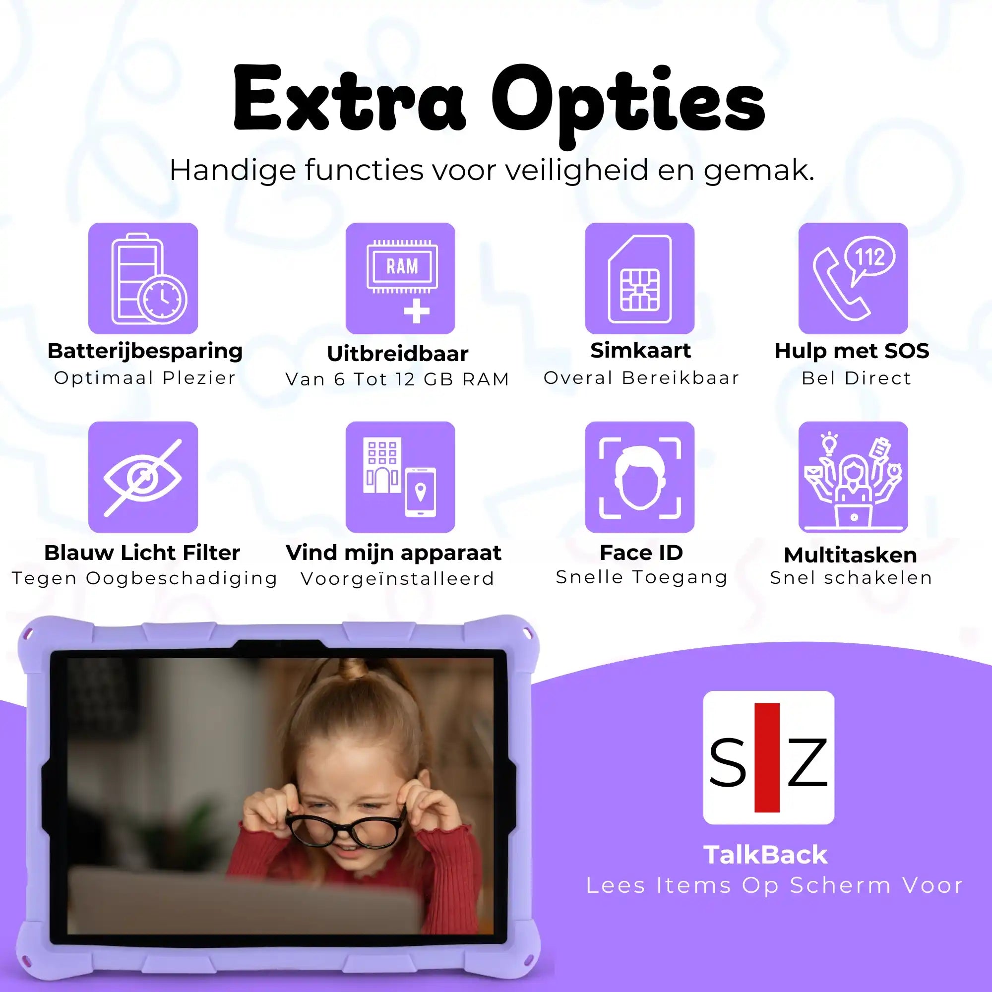 Bosstony kids tablet paars fidget extra opties simkaart gps faceid multitasken