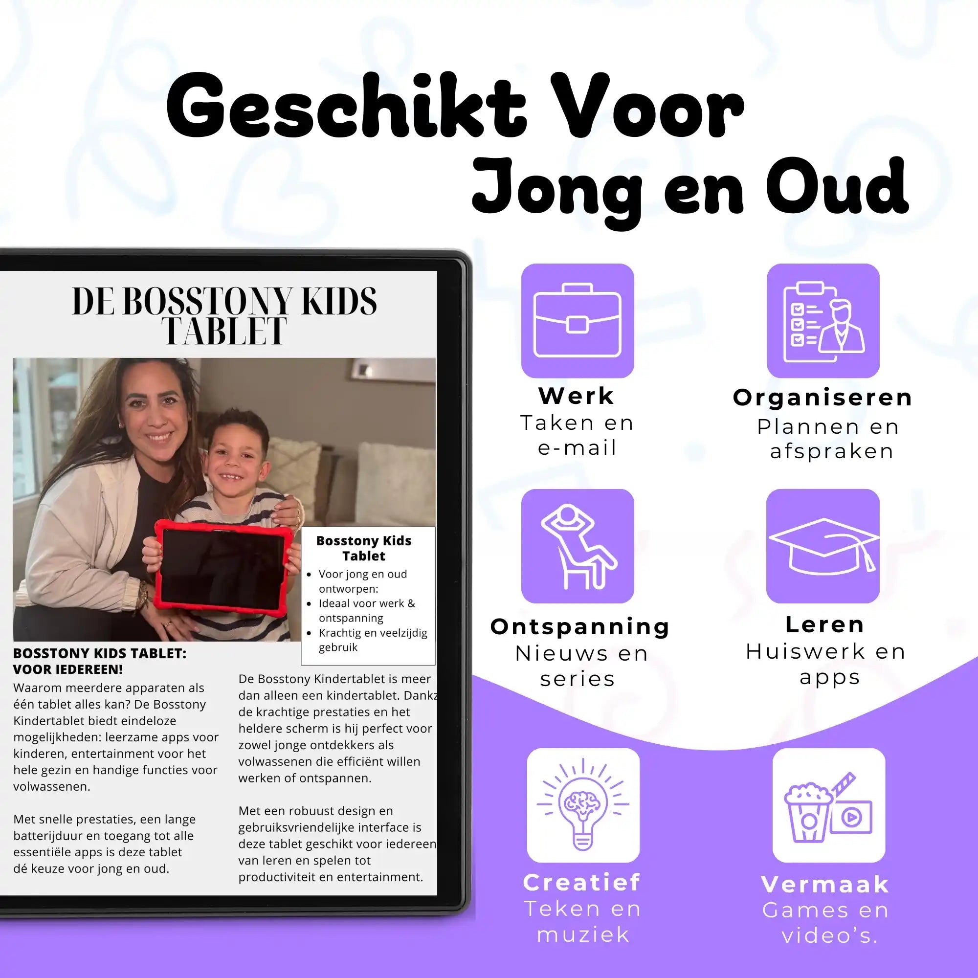 Bosstony kids tablet paars fidget geschikt jong oud werk leren vermaak